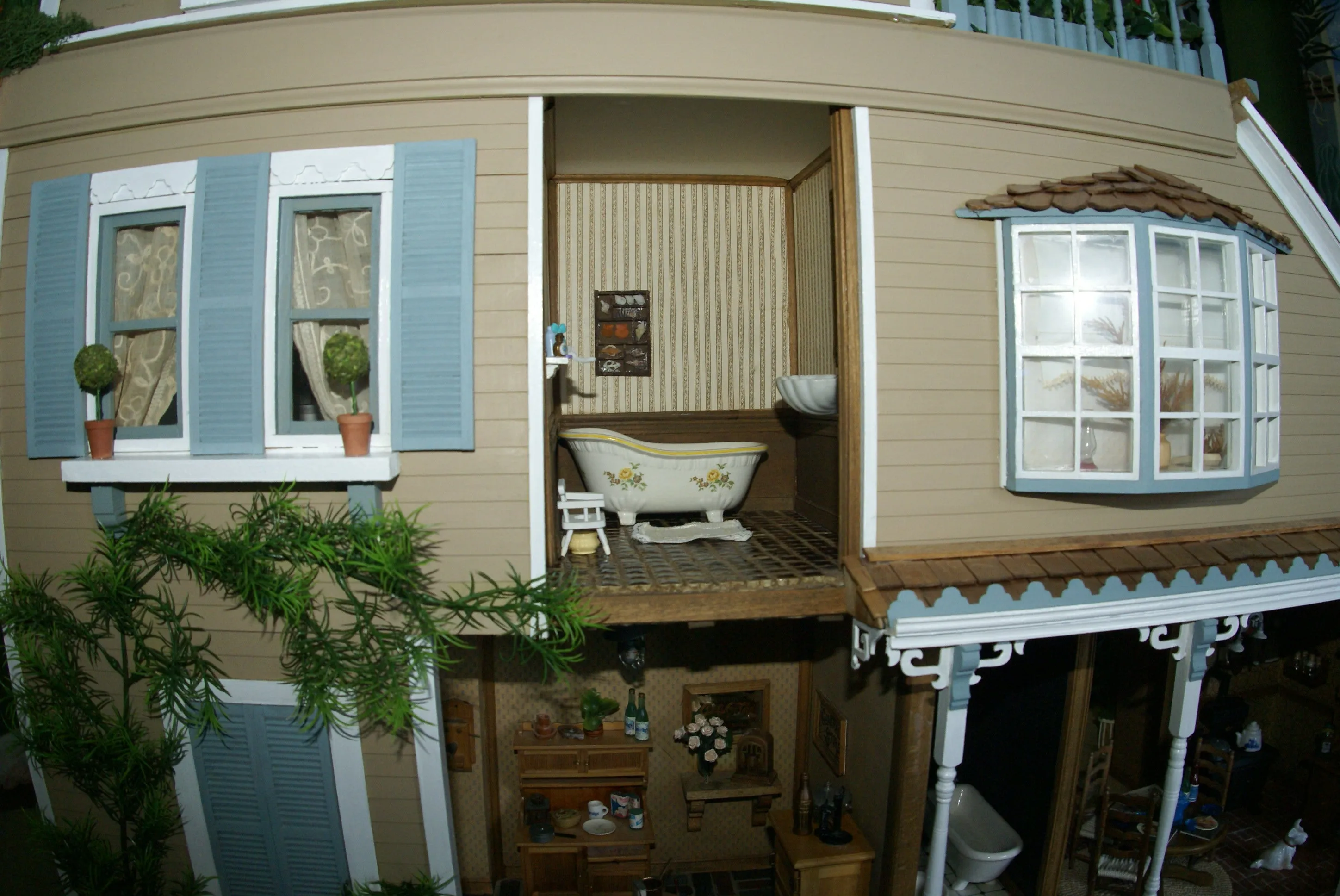 1970 HUGE CUSTOM BUILT & FULLY FURNISHED DOLL HOUSE (5 ft x 4ft x 32”) WITH 14 rooms & 3 gardens, Plants, Trees   Outhouse (1/12 Scale) Operating Lights