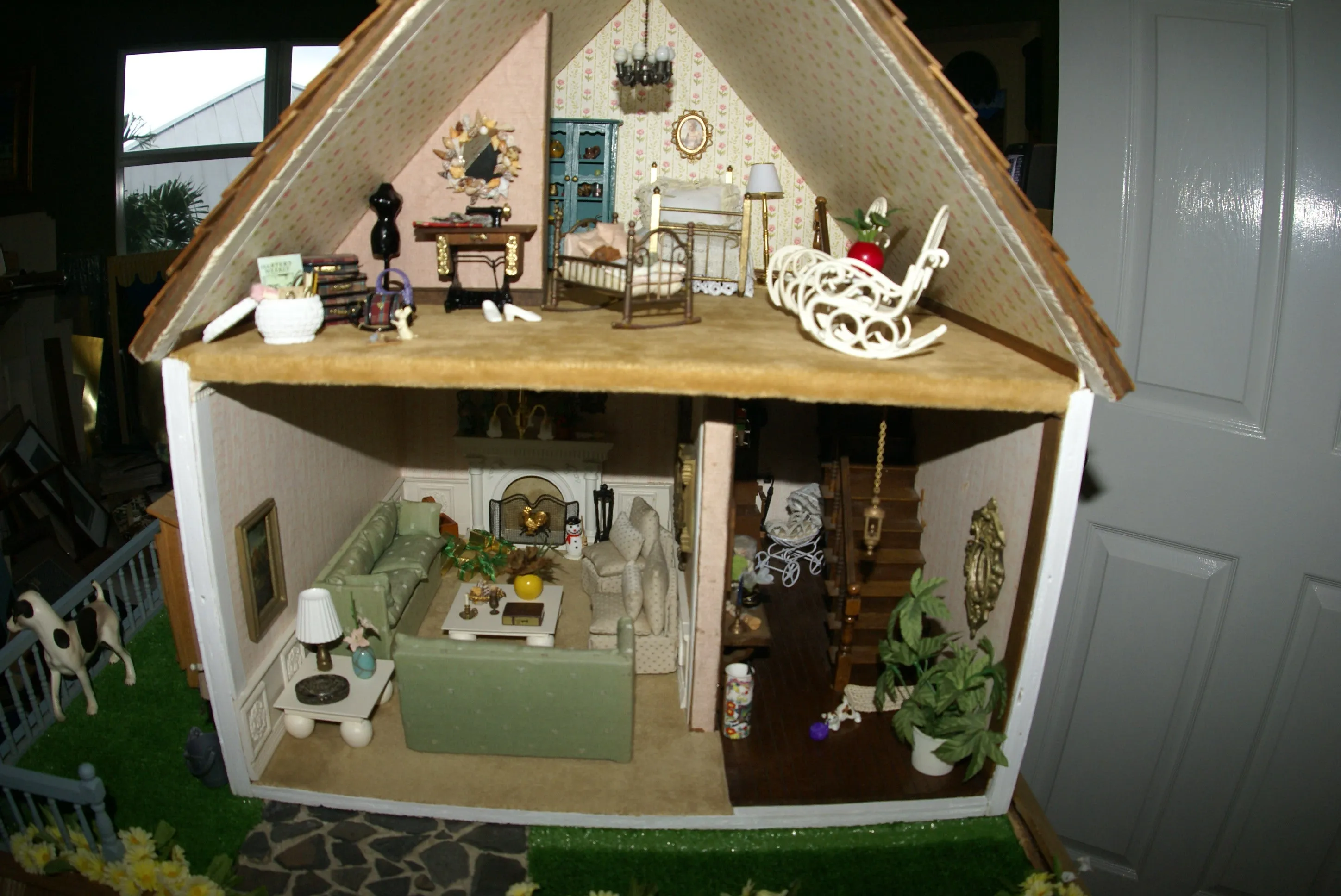 1970 HUGE CUSTOM BUILT & FULLY FURNISHED DOLL HOUSE (5 ft x 4ft x 32”) WITH 14 rooms & 3 gardens, Plants, Trees   Outhouse (1/12 Scale) Operating Lights