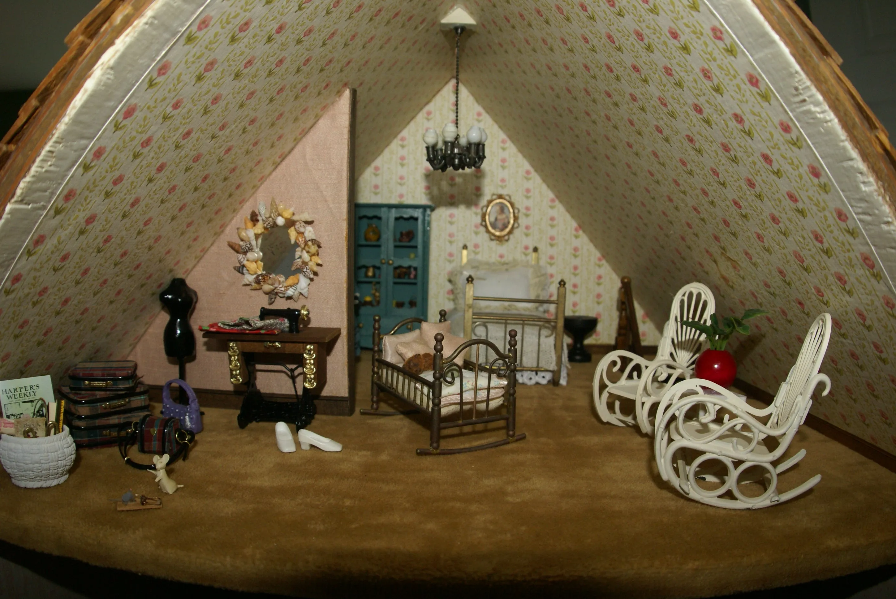 1970 HUGE CUSTOM BUILT & FULLY FURNISHED DOLL HOUSE (5 ft x 4ft x 32”) WITH 14 rooms & 3 gardens, Plants, Trees   Outhouse (1/12 Scale) Operating Lights