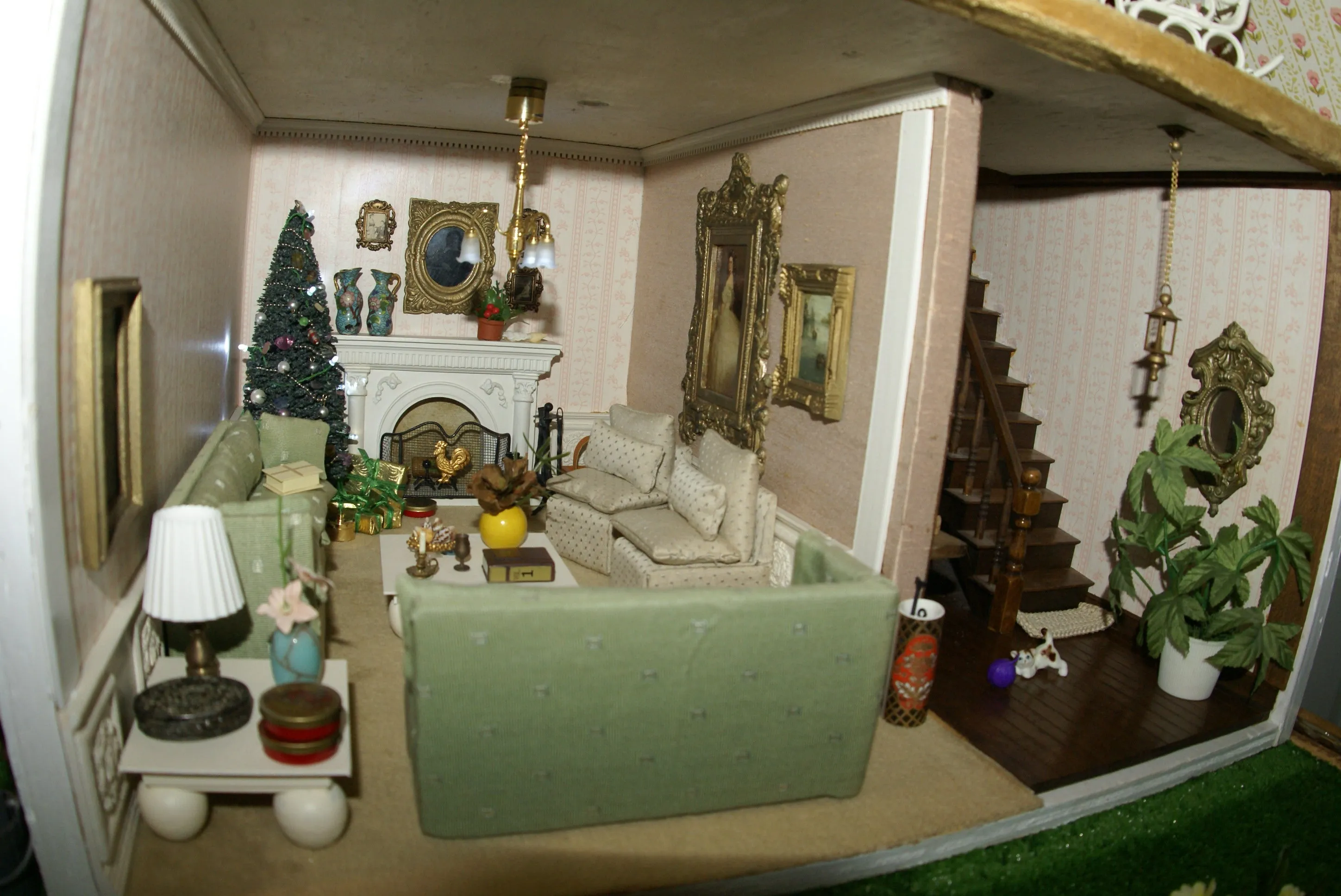 1970 HUGE CUSTOM BUILT & FULLY FURNISHED DOLL HOUSE (5 ft x 4ft x 32”) WITH 14 rooms & 3 gardens, Plants, Trees   Outhouse (1/12 Scale) Operating Lights