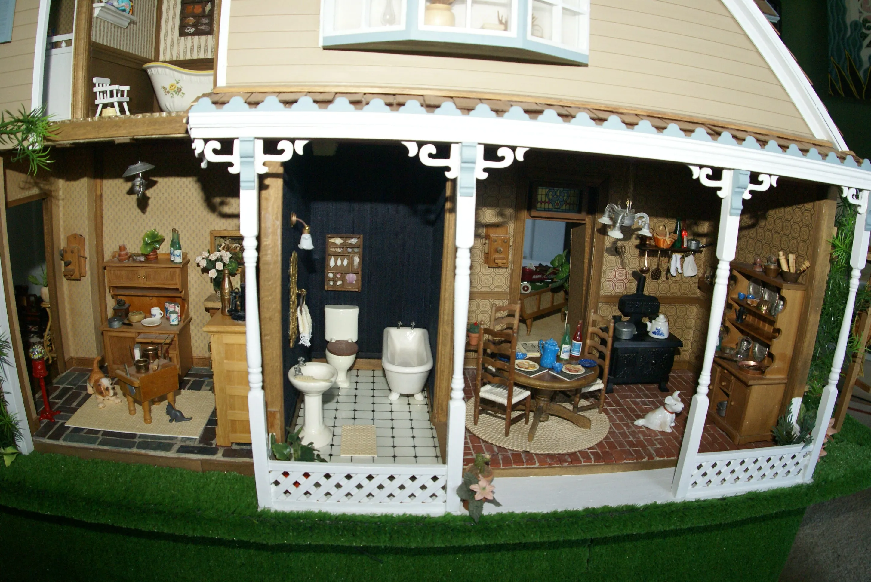 1970 HUGE CUSTOM BUILT & FULLY FURNISHED DOLL HOUSE (5 ft x 4ft x 32”) WITH 14 rooms & 3 gardens, Plants, Trees   Outhouse (1/12 Scale) Operating Lights