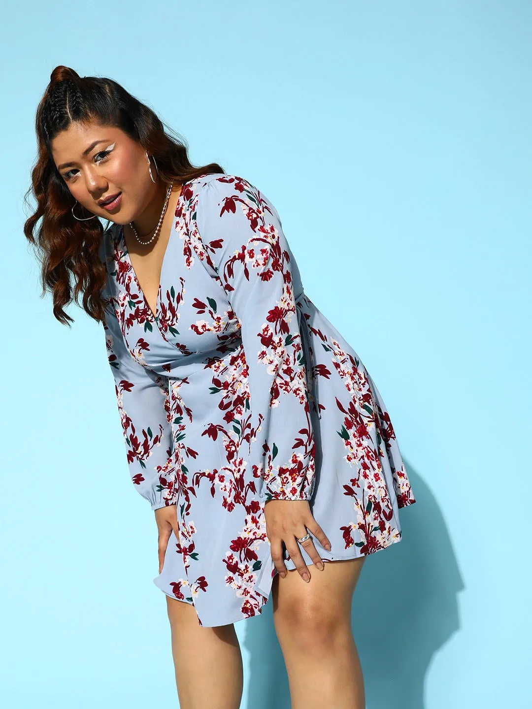 Berrylush Women Plus Size Blue & Maroon Floral Printed V-Neck Waist Tie-Up Crepe Layered Wrap Mini Dress