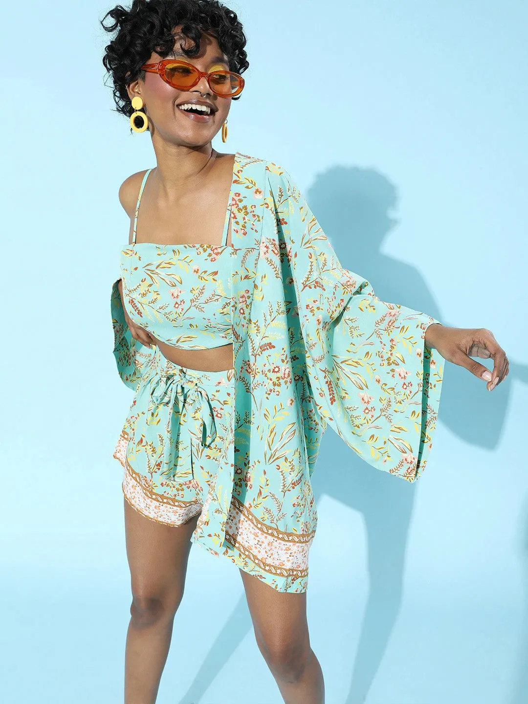 Berrylush Women Sea Green Botanical Printed Cami Top & Tie Front Shorts With Kimono