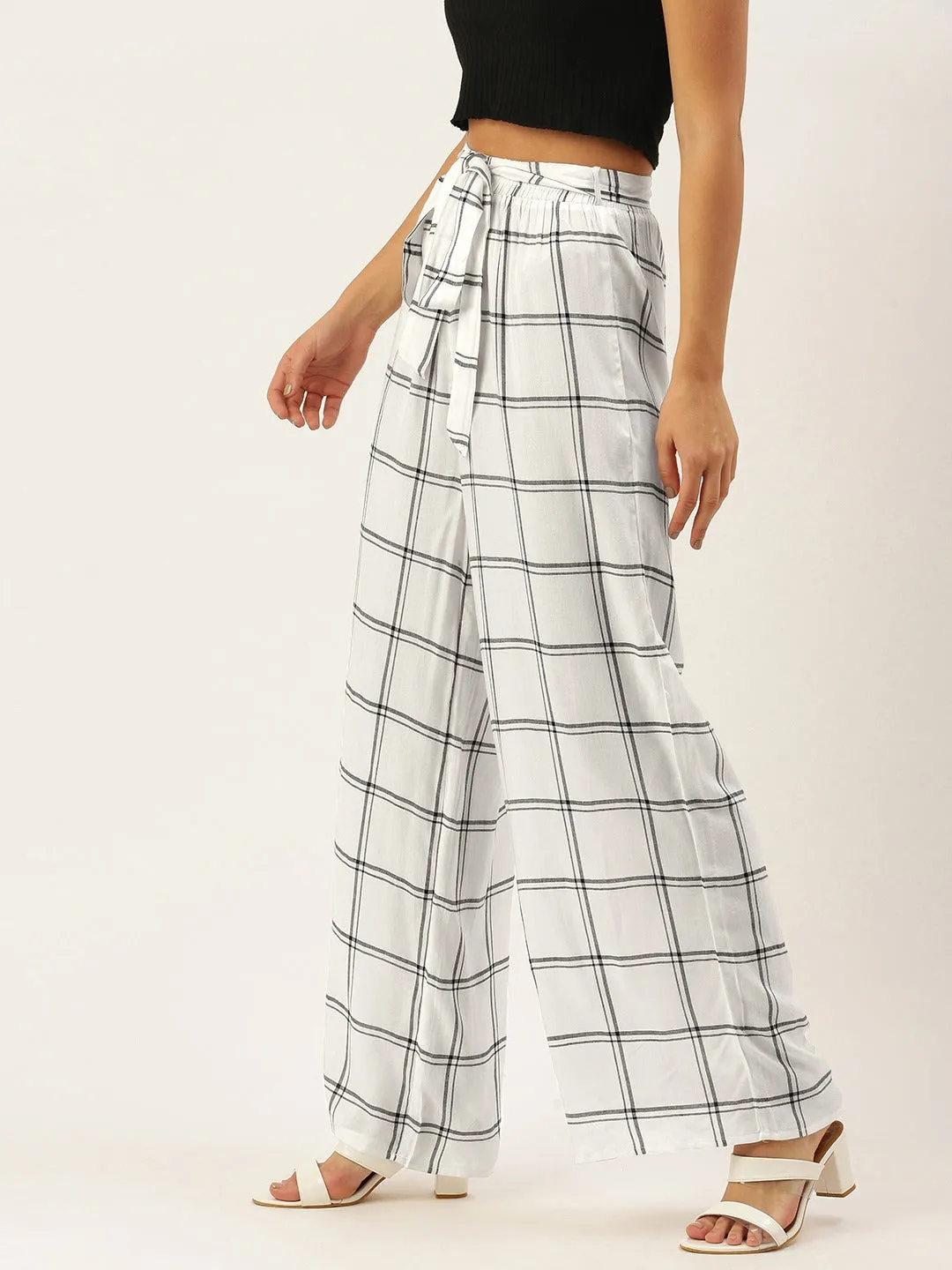 Berrylush Women White & Black Checked Print Drawstring Waist High-Rise Wide Leg Trousers