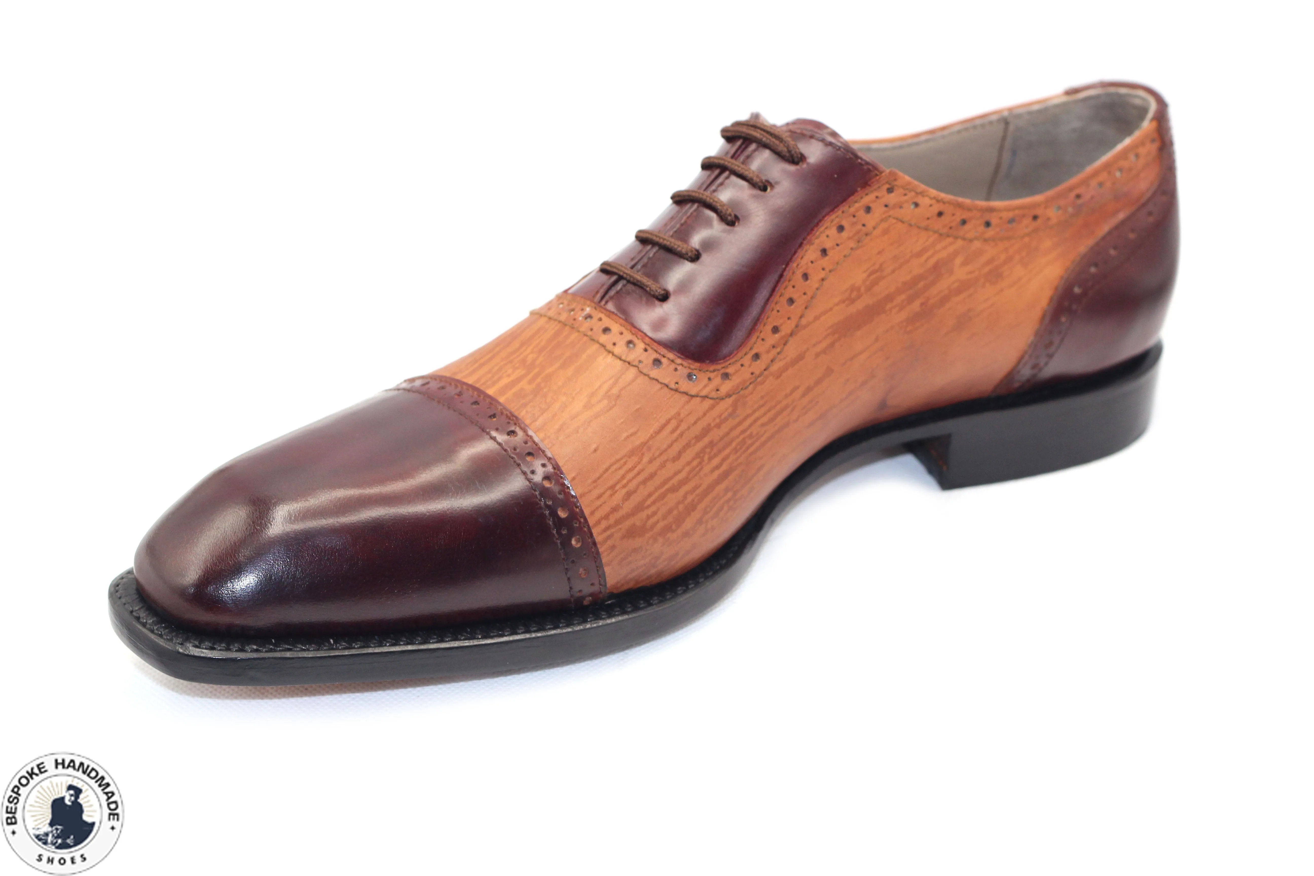 Bespoke Handcrafted Tan and Maroon Leather Oxford Toe cap Lace Up Men's Shoes