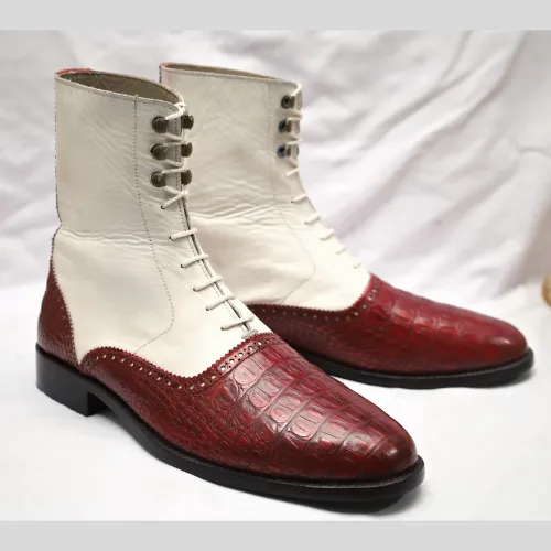 Bespoke Handmade Boots, Goodyear Premium Quality Burgundy Crocodile Texture Leather & White Leather Boots, Lace Up Boots Mens and Womens Boots