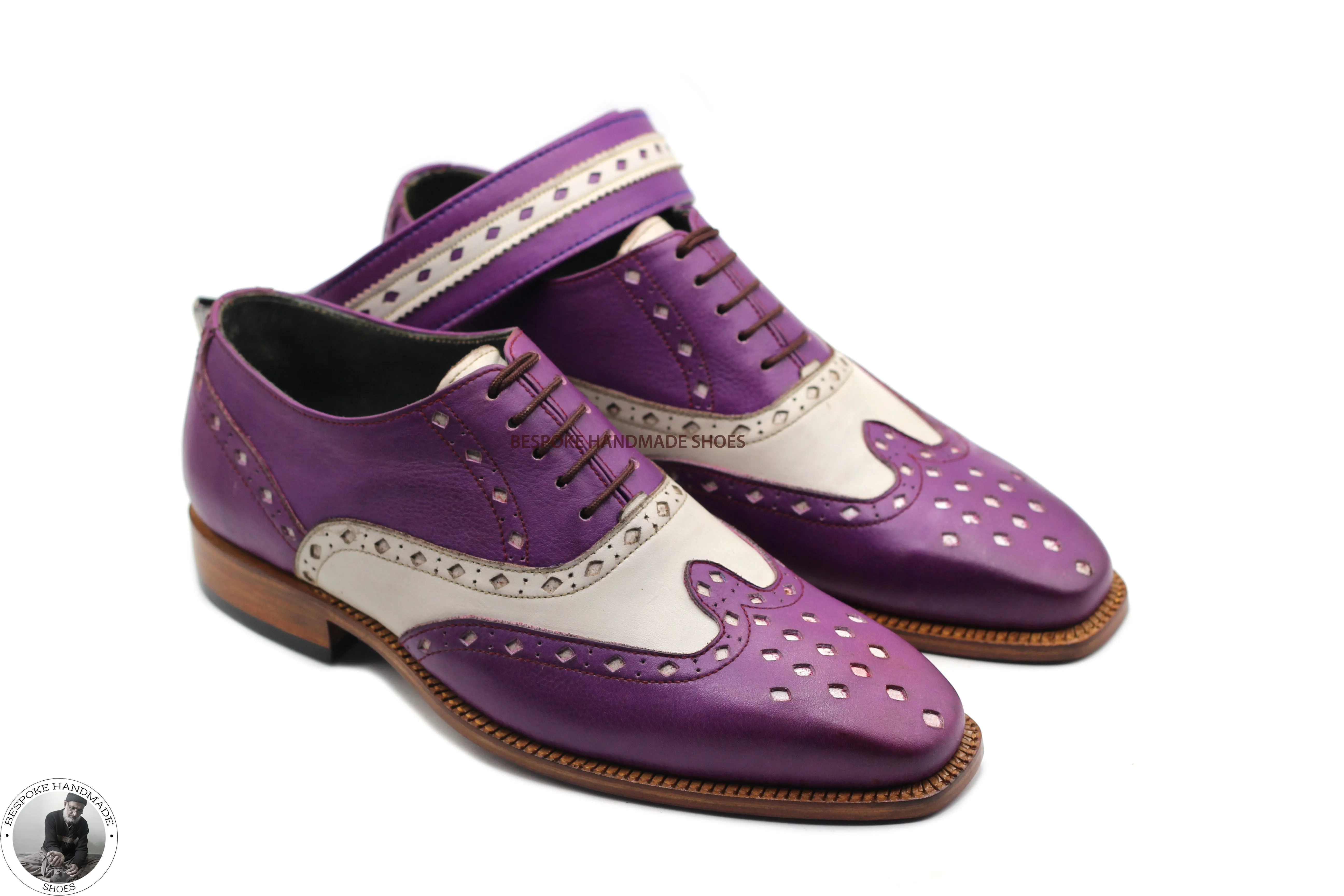 Bespoke Handmade Genuine Purple And White Pure Leather Brogue Wingtip Oxford Lace up Formal Shoes