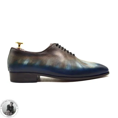 Bespoke Handmade Men Two Tone Calf Leather Patina art Hand Painted Wholecut Oxford Lace up Formal Shoe