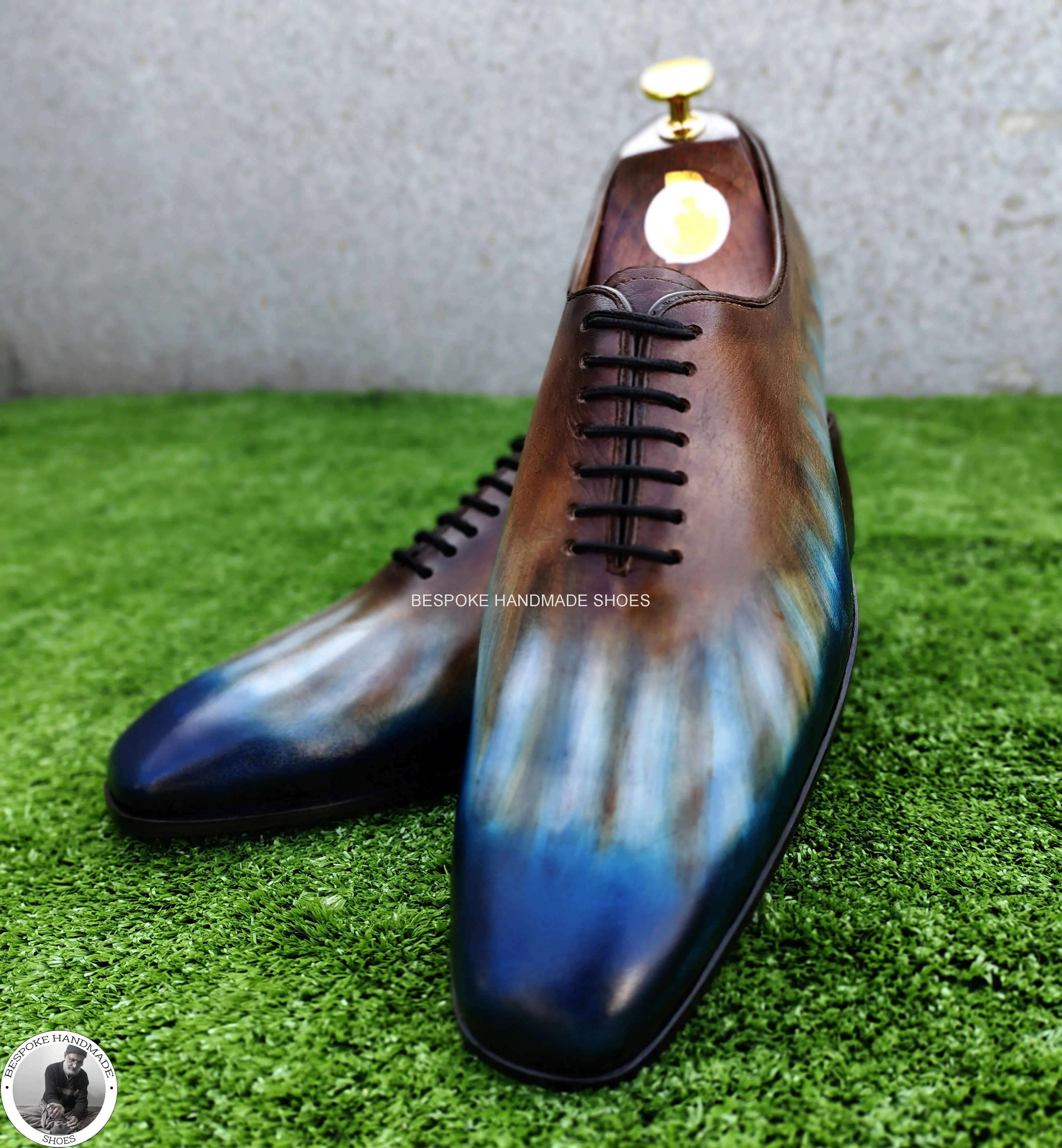 Bespoke Handmade Men Two Tone Calf Leather Patina art Hand Painted Wholecut Oxford Lace up Formal Shoe