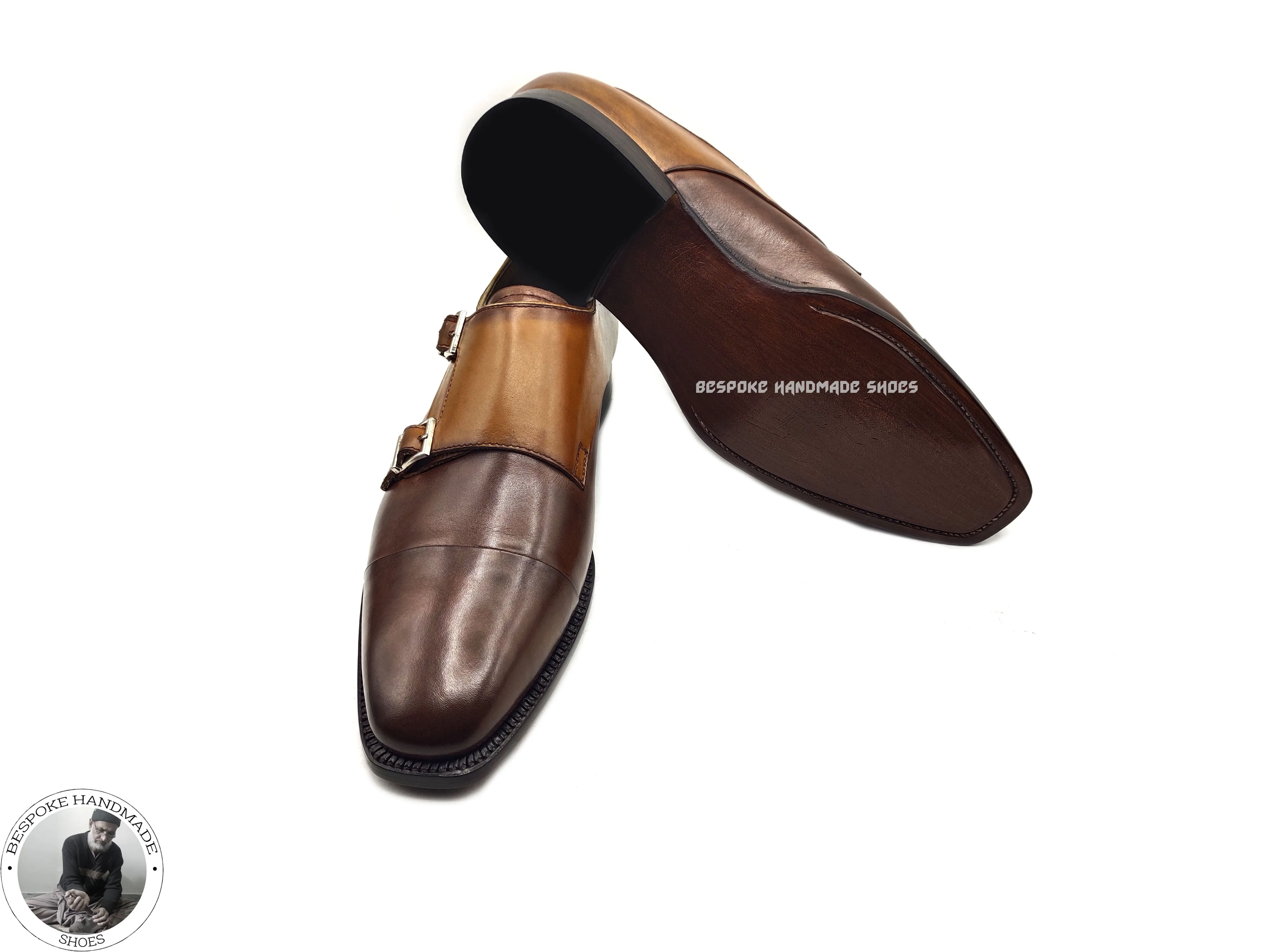 Bespoke Handmade Shoes, Two Tone Chocolate Brown & Tan Leather Double Monk Strap Dress / Formal Shoe