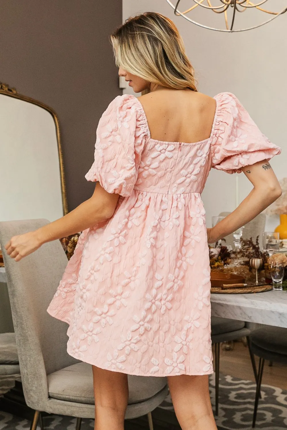 BiBi Flower Square Neck Puff Sleeve Dress in Blush