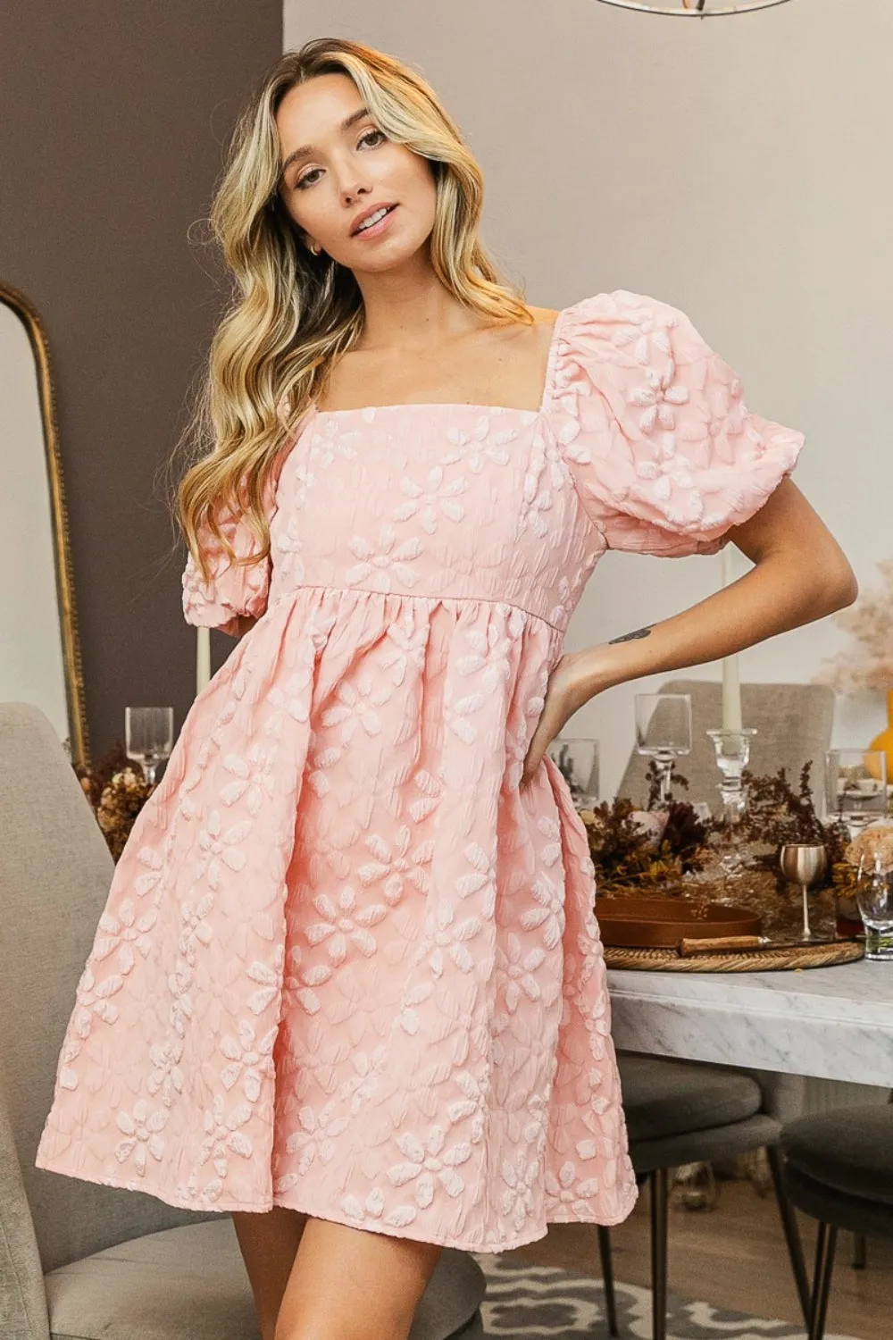 BiBi Flower Square Neck Puff Sleeve Dress in Blush