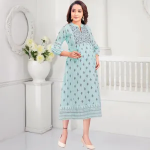 Blue Embroidered Nursing Maternity Cotton Dress