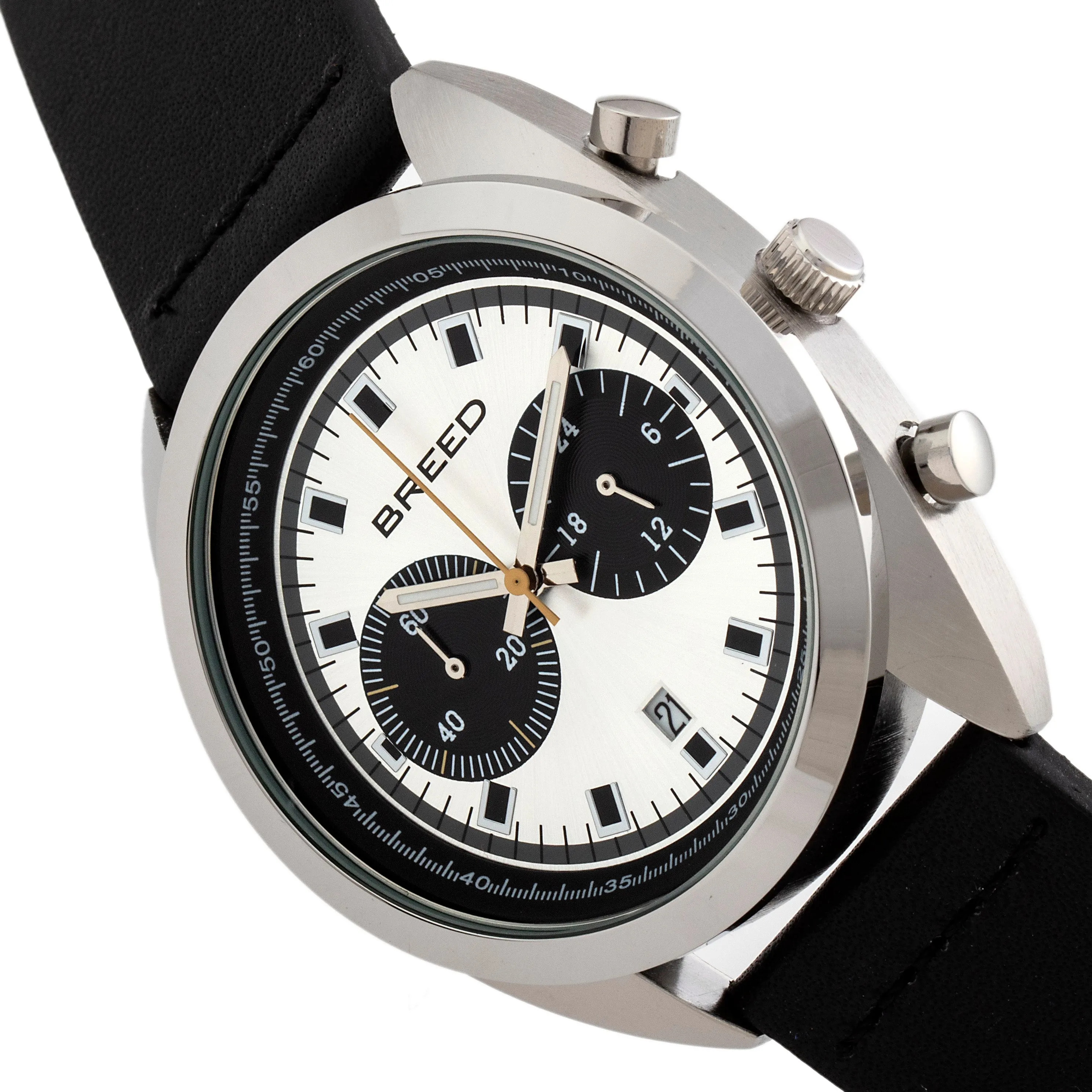 Breed Racer Chronograph Leather-Band Watch w/Date - Silver/Black