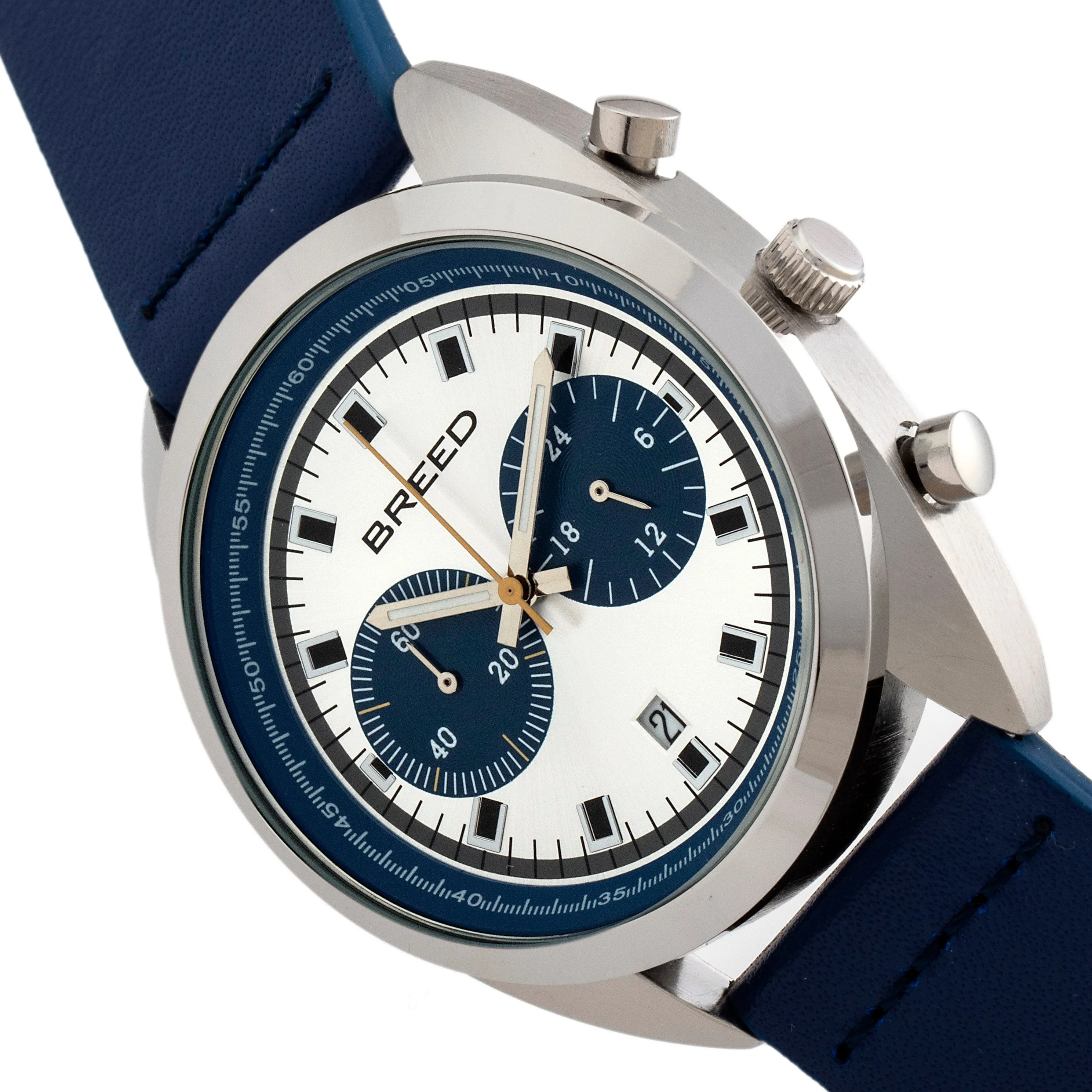 Breed Racer Chronograph Leather-Band Watch w/Date - Silver/Blue