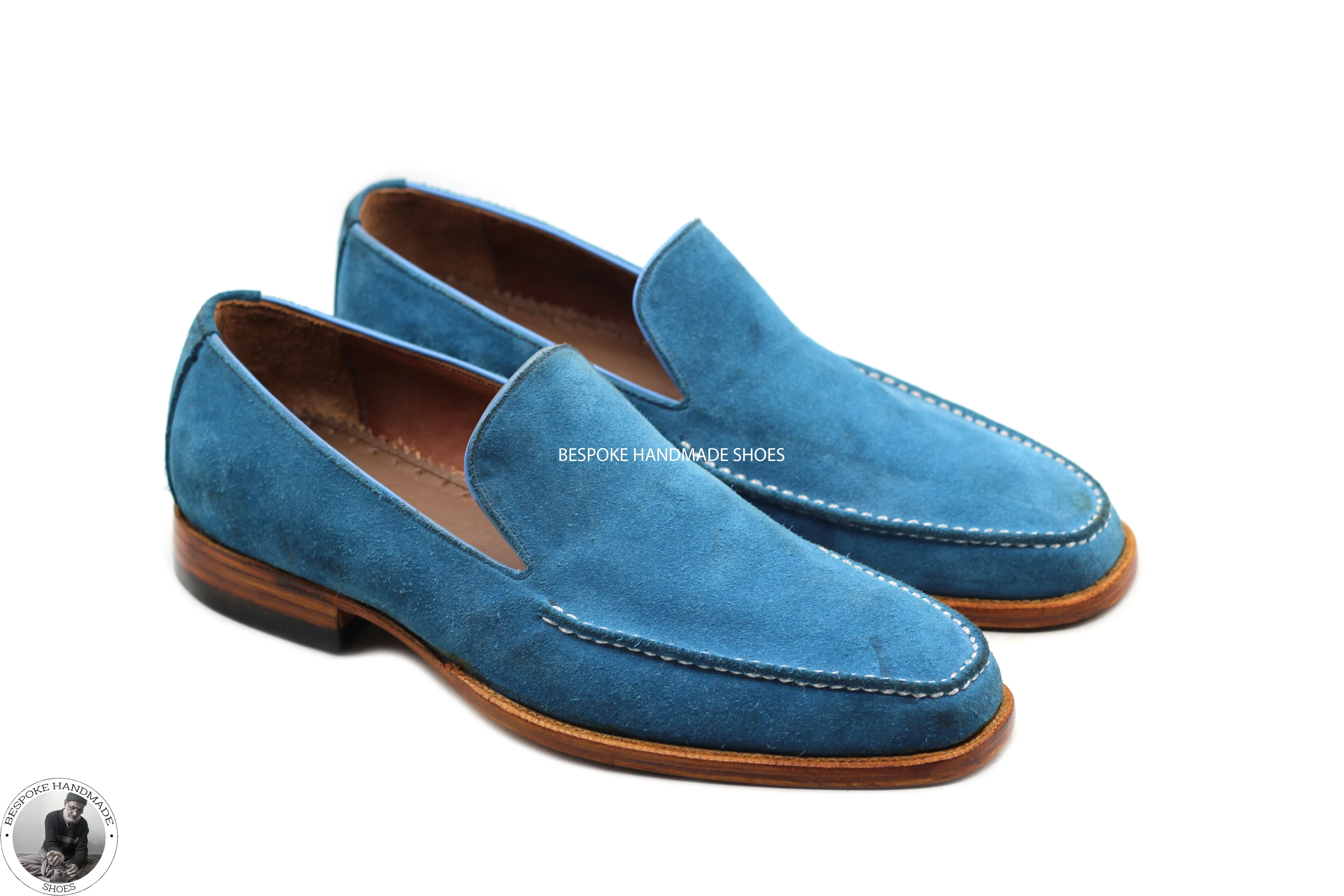 Buy Handmade Goodyear Welted Genuine Blue Suede Loafer Slip on Moccasin Men's Shoes