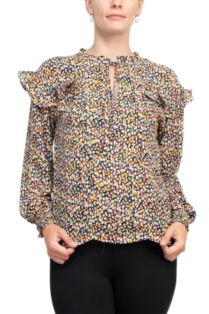 Counterparts crew tie neck elastic cuff long sleeve ruffle multi print chiffon top