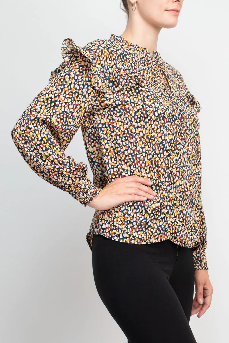 Counterparts crew tie neck elastic cuff long sleeve ruffle multi print chiffon top