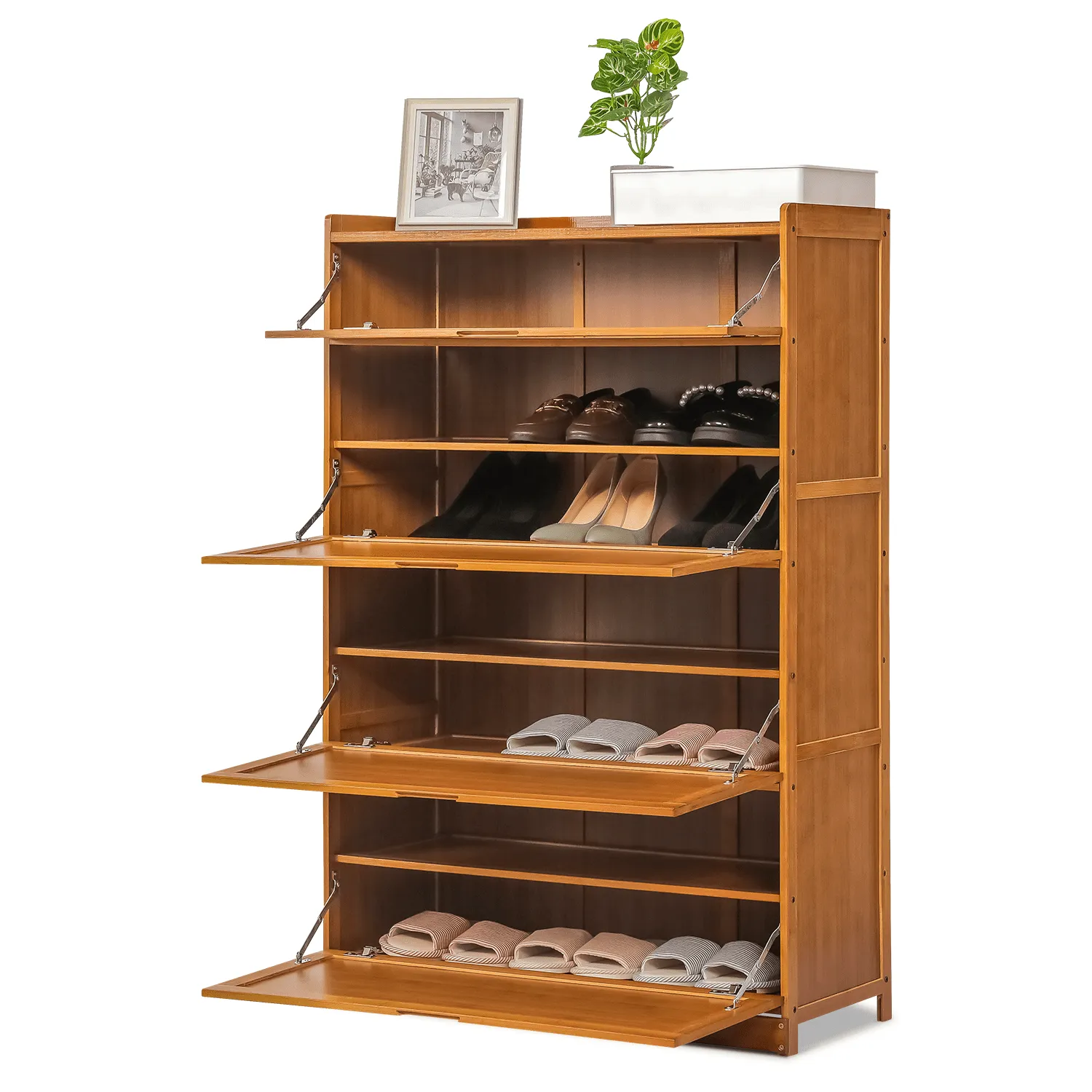 cozy Bamboo 9 Tier Shoe Organizer Modern Cabinet with Door 41 Pairs Heels Boots, Brown, Hallway Entryway