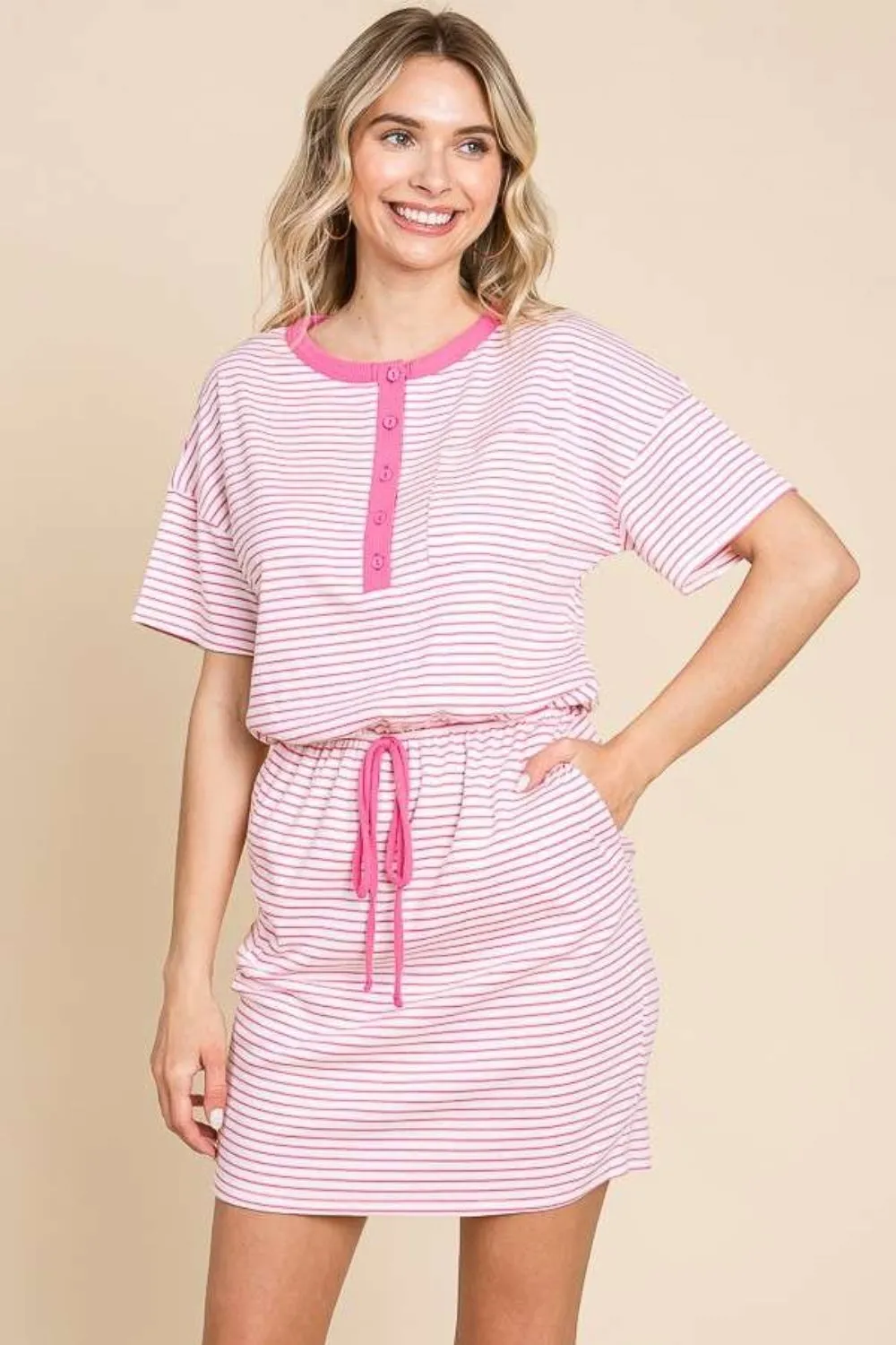 Culture Code Full Size Striped Short Sleeve Mini Dress with Pockets