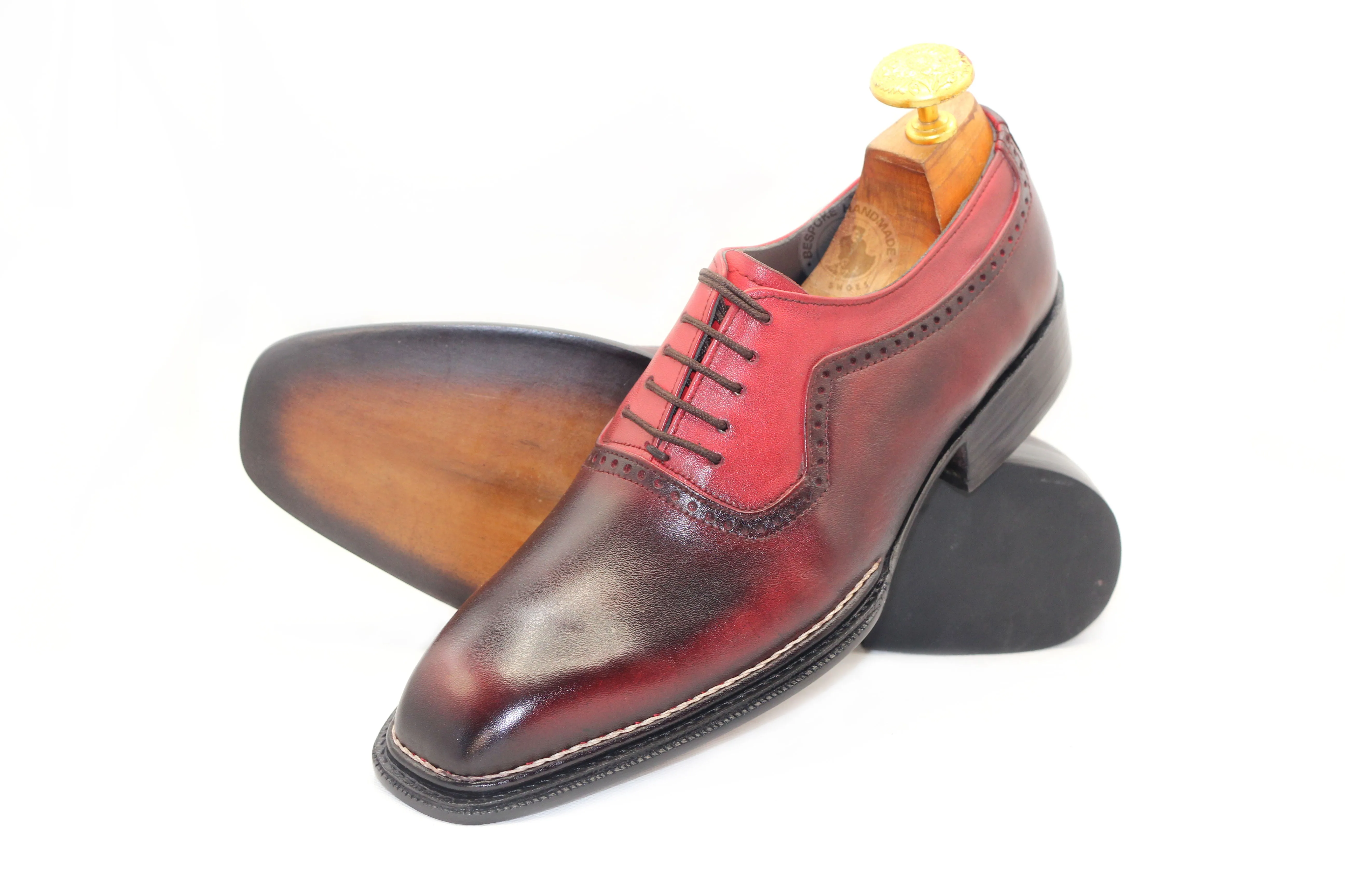 Custom made Red Leather Oxford Lace Up Men Formal Dress whole-cut Handmade Shoes