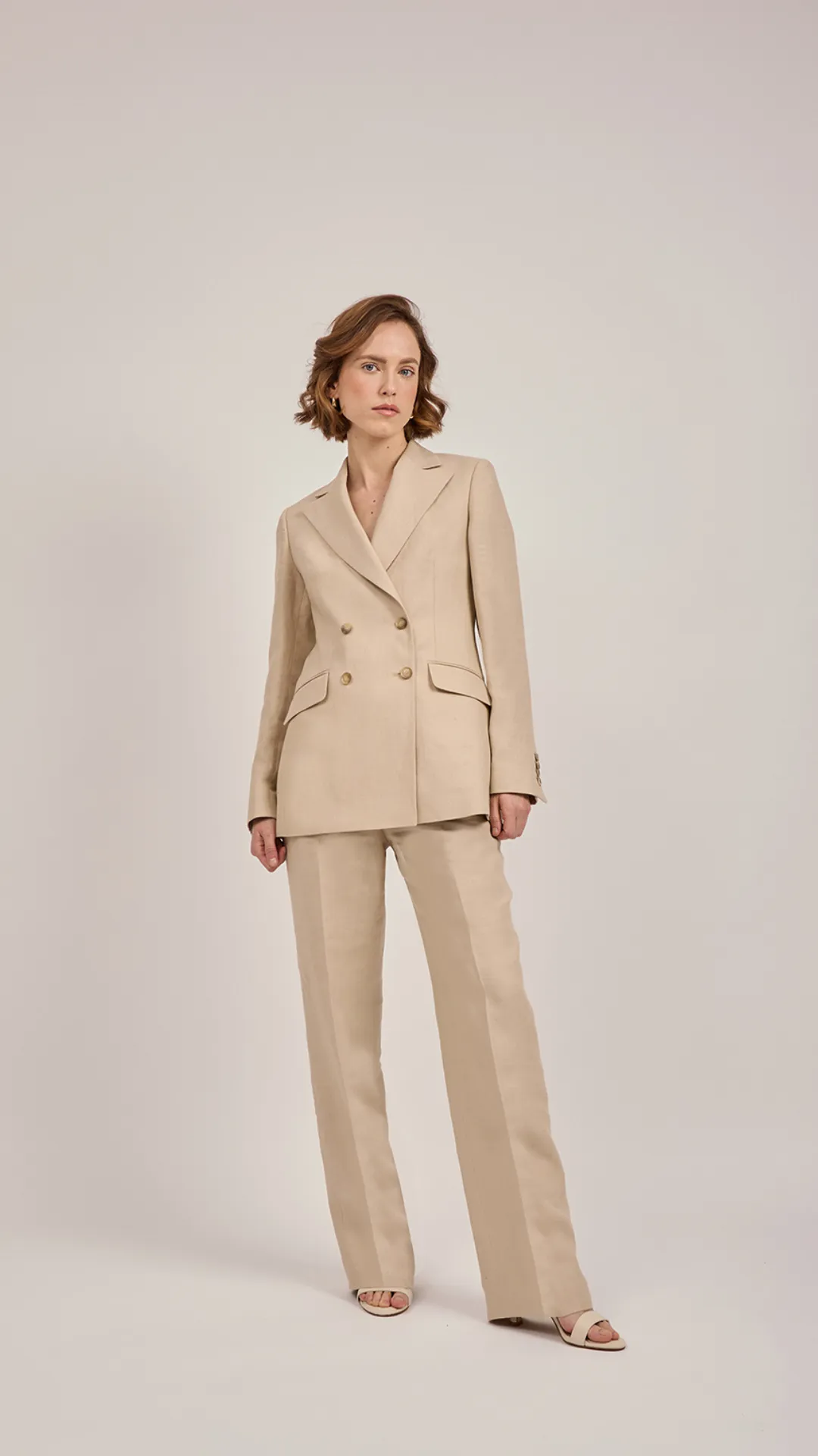 Double Breasted Blazer in Neutral Linen by Anna James