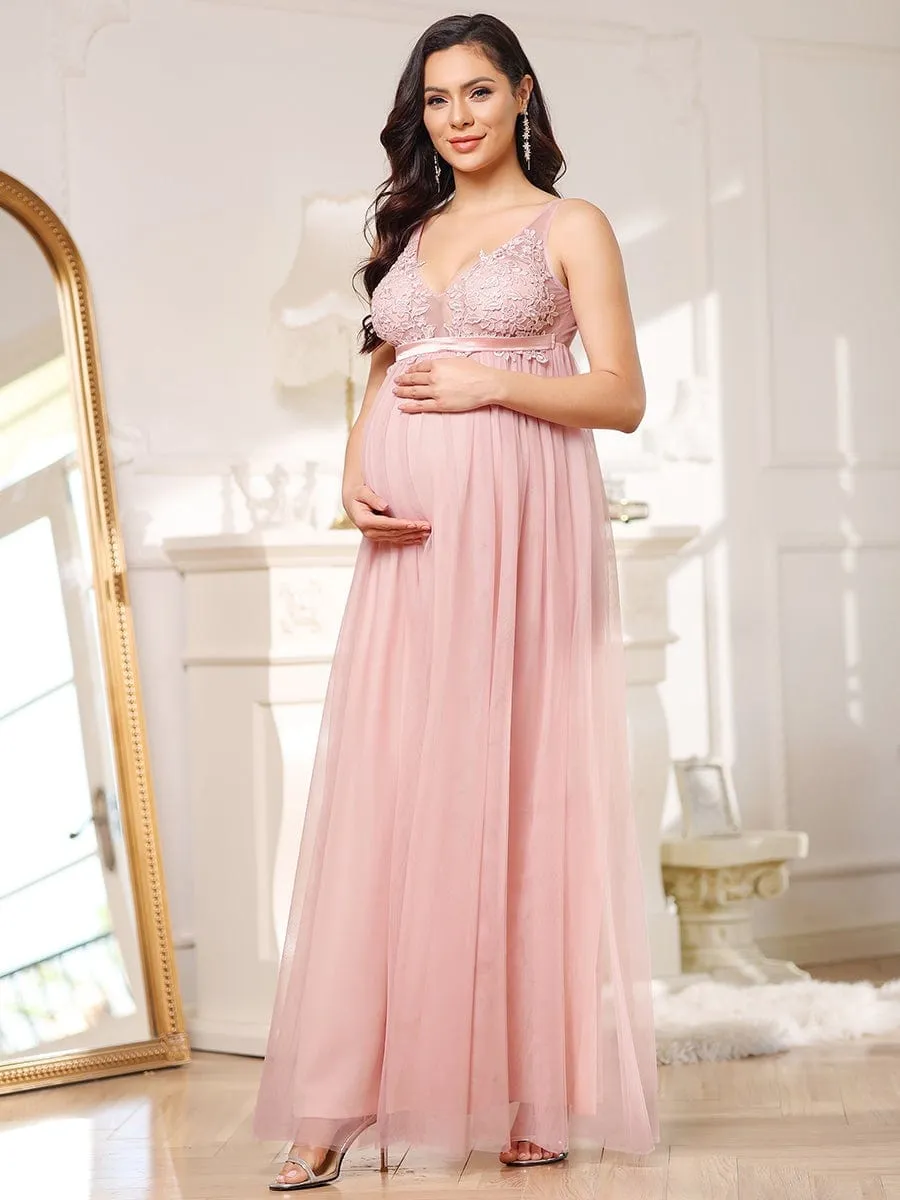 Double V-Neck Lace Bodice Long Flowy Maternity Dress