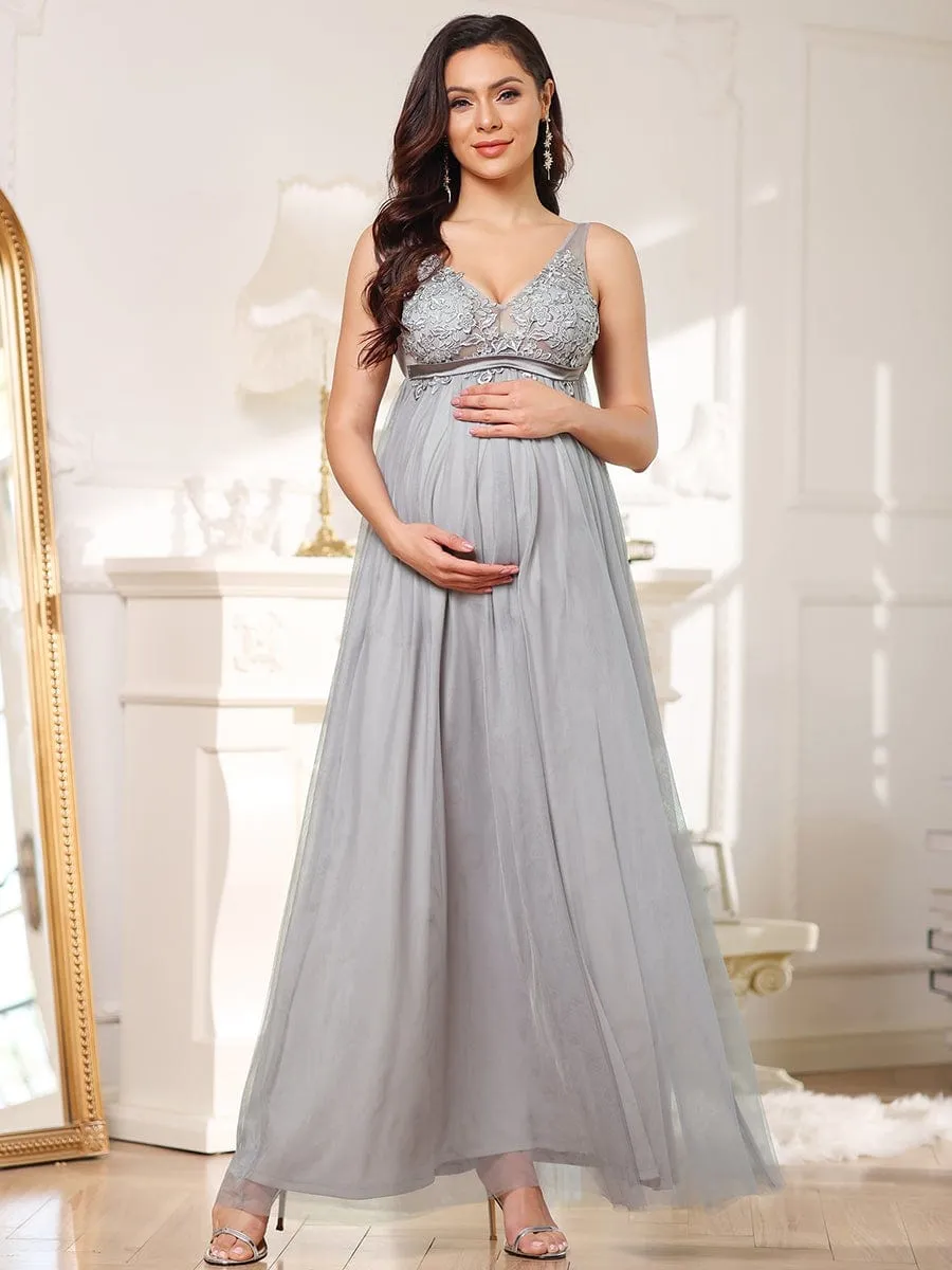 Double V-Neck Lace Bodice Long Flowy Maternity Dress