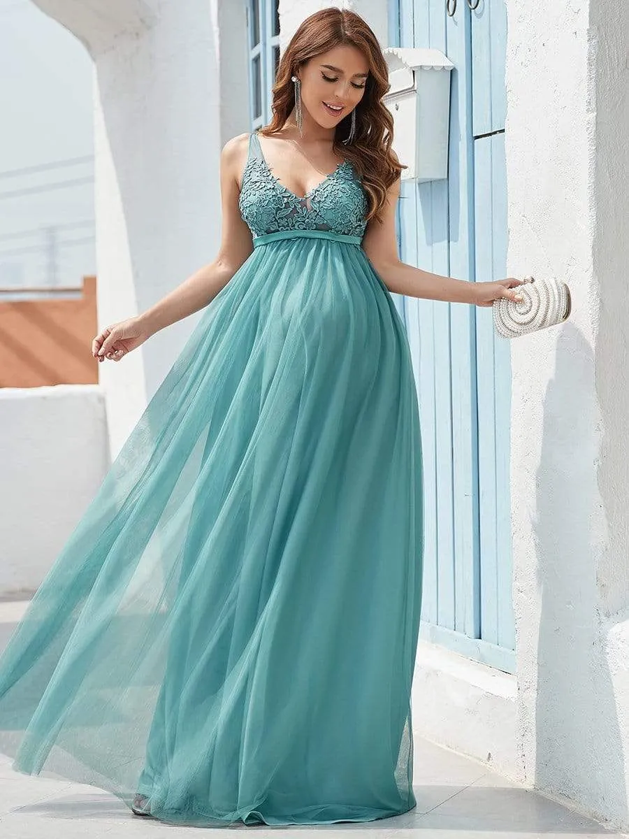 Double V-Neck Lace Bodice Long Flowy Maternity Dress