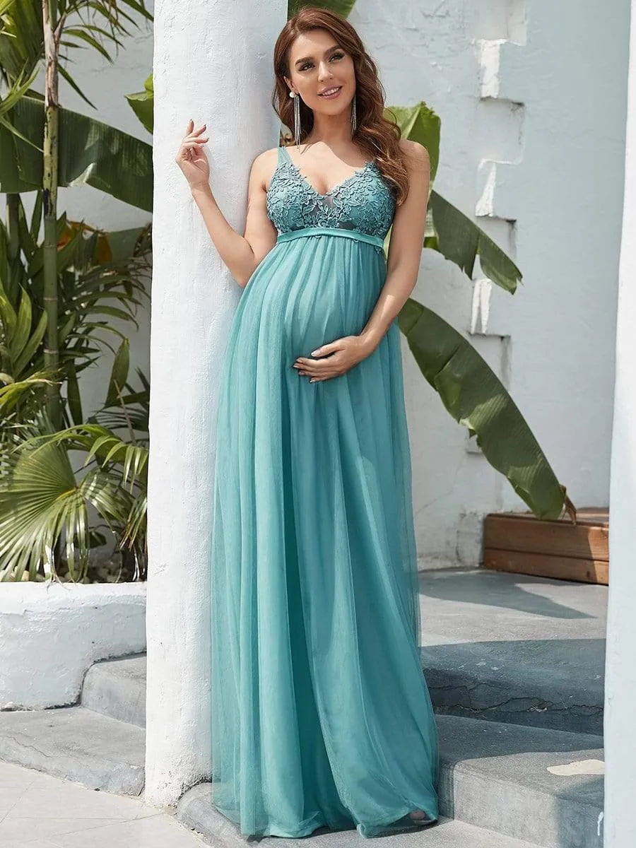 Double V-Neck Lace Bodice Long Flowy Maternity Dress