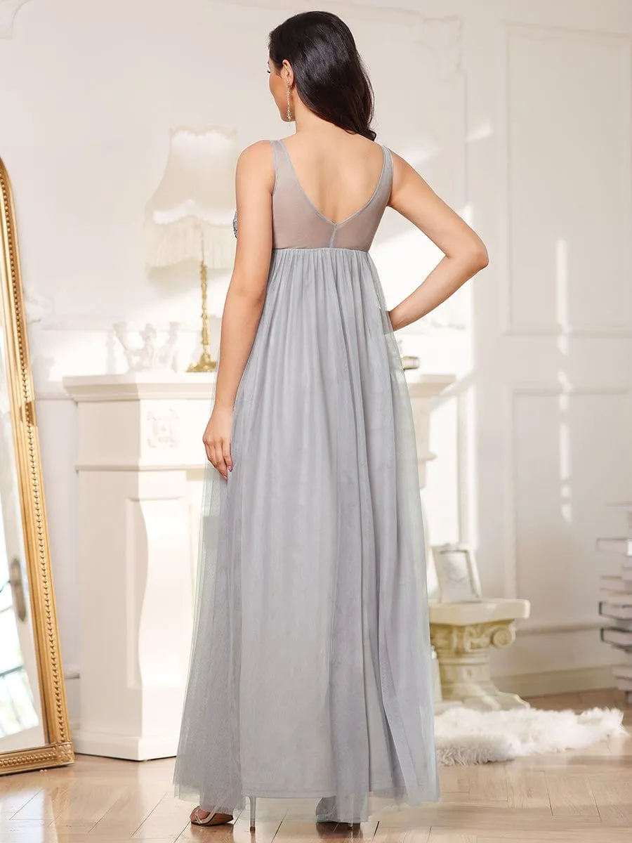 Double V-Neck Lace Bodice Long Flowy Maternity Dress