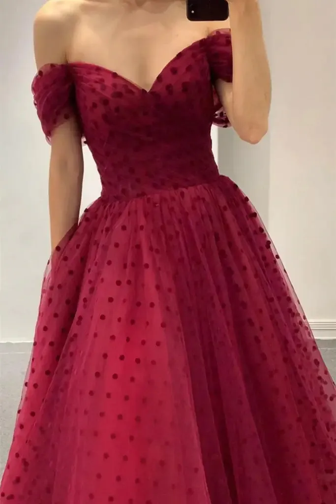 Elegant Burgundy Evening Dresses Prom,A Line Party Dress,Off Shoulder Gala Dresses