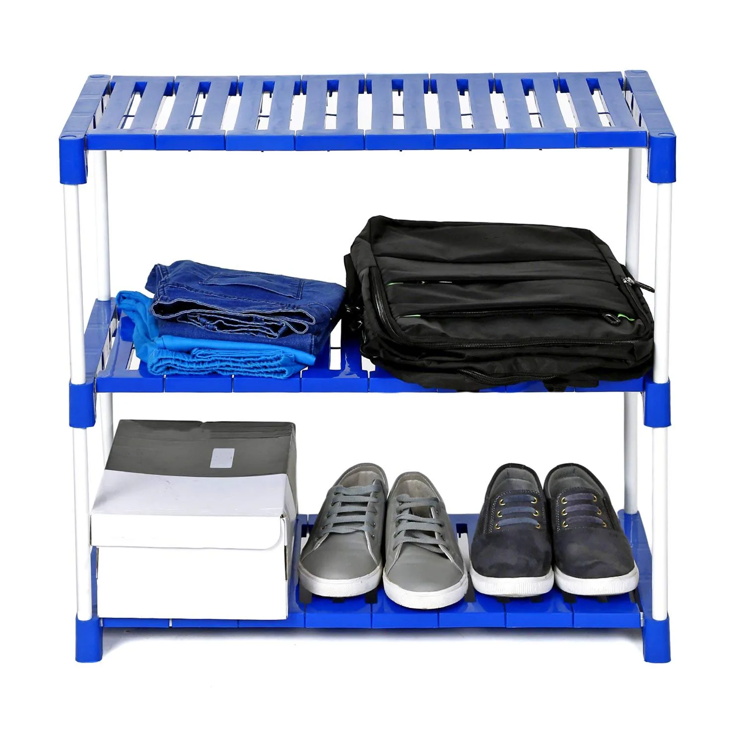 FLIPZON 3 Step Strong Foster Rack Organizer for Shoe/Clothes/Books | Need to Be Assemble - DIY | Metal & Plastic | Blue & white