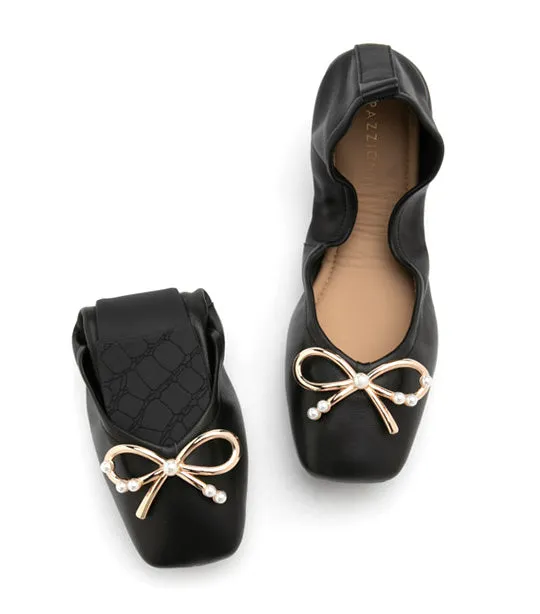 Hailey Foldable Square-Toe Bow Flats Black