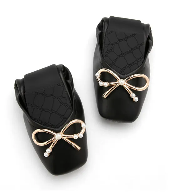 Hailey Foldable Square-Toe Bow Flats Black