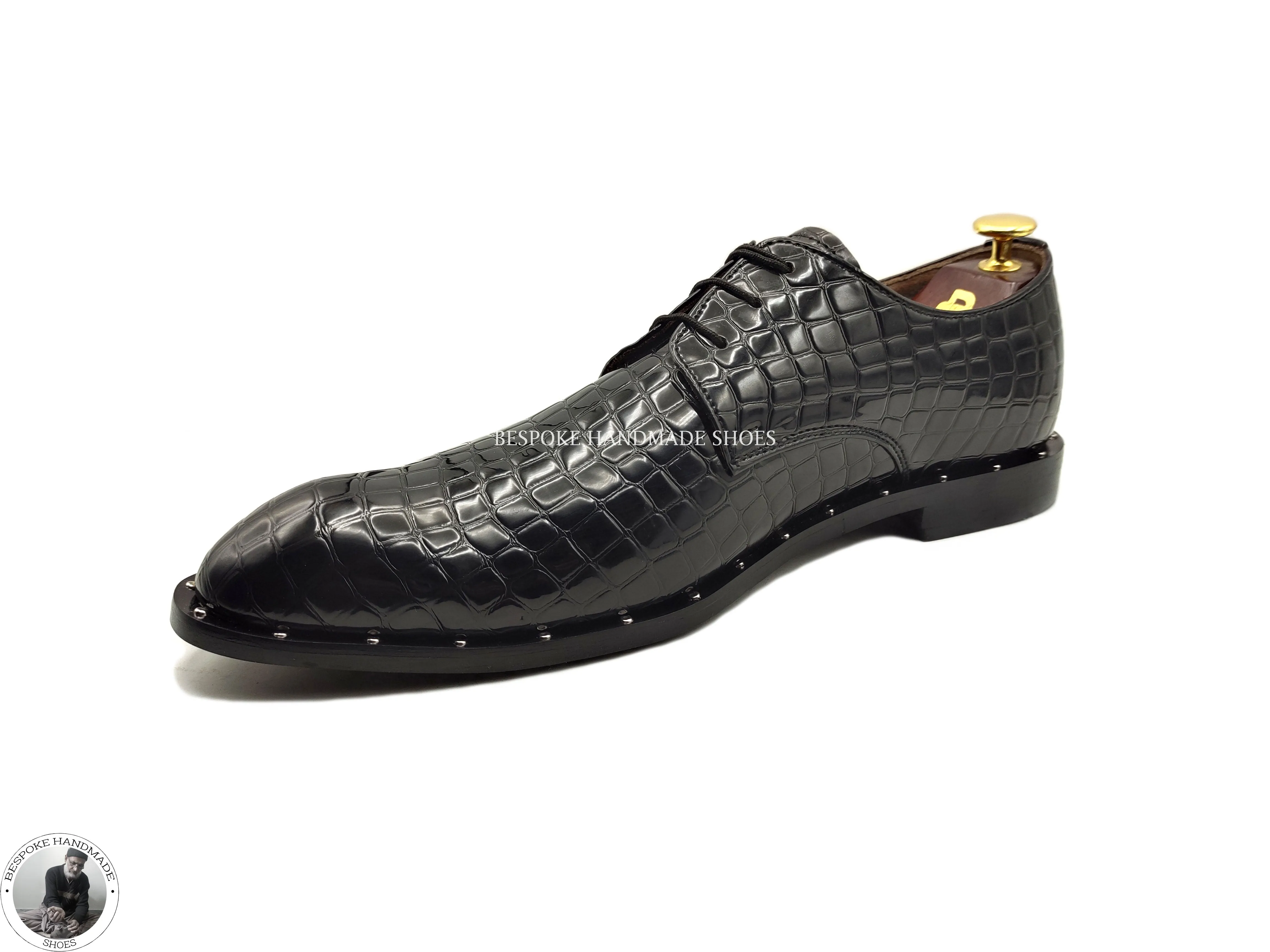 Handcrafted Men’s Genuine Black Alligator Leather Print Oxford Lace up Wingtip Unique Shoes