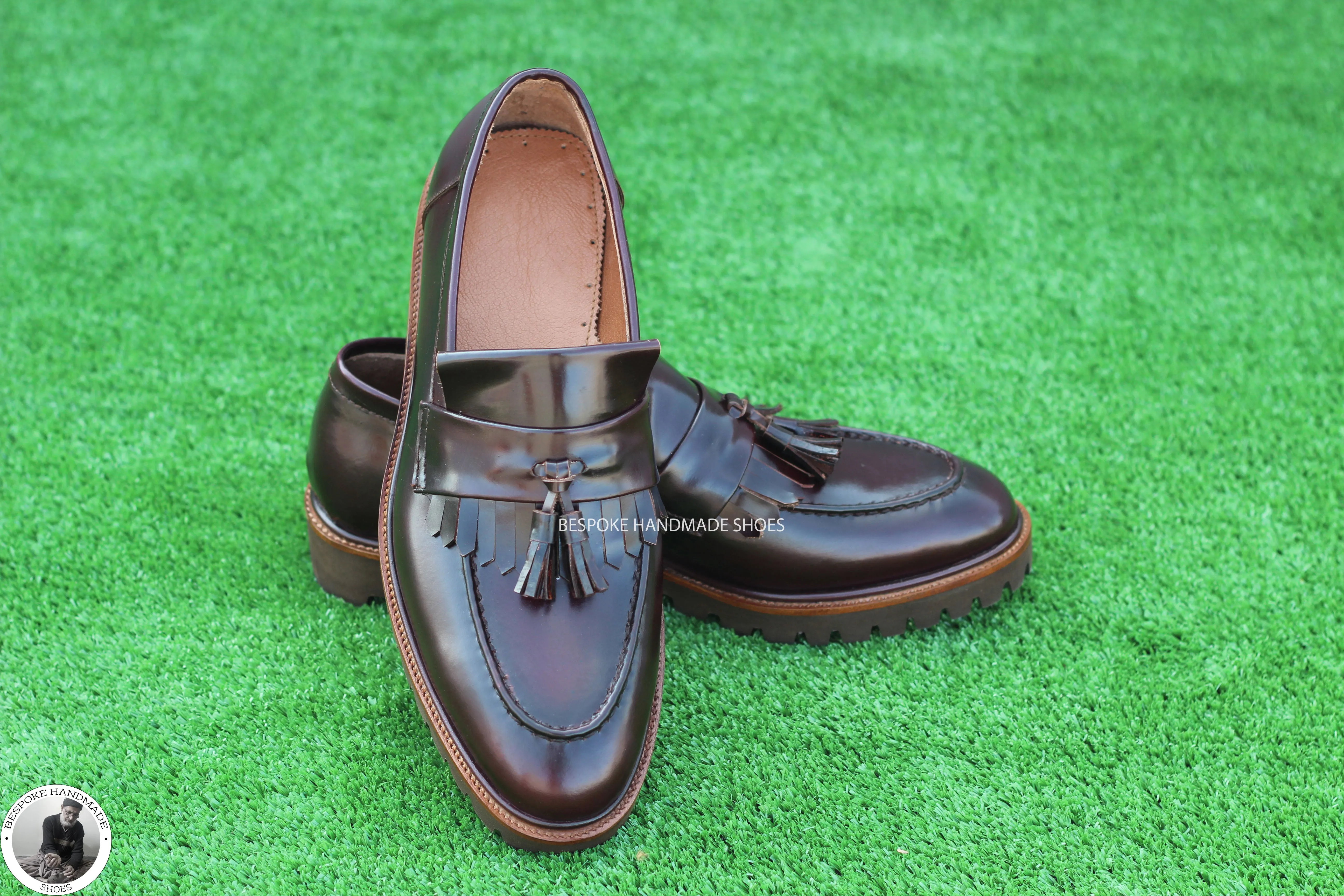 Handmade Dress Shoe, Brown Leather Loafer Slip on Leather Tassels Fringes Men Shoes