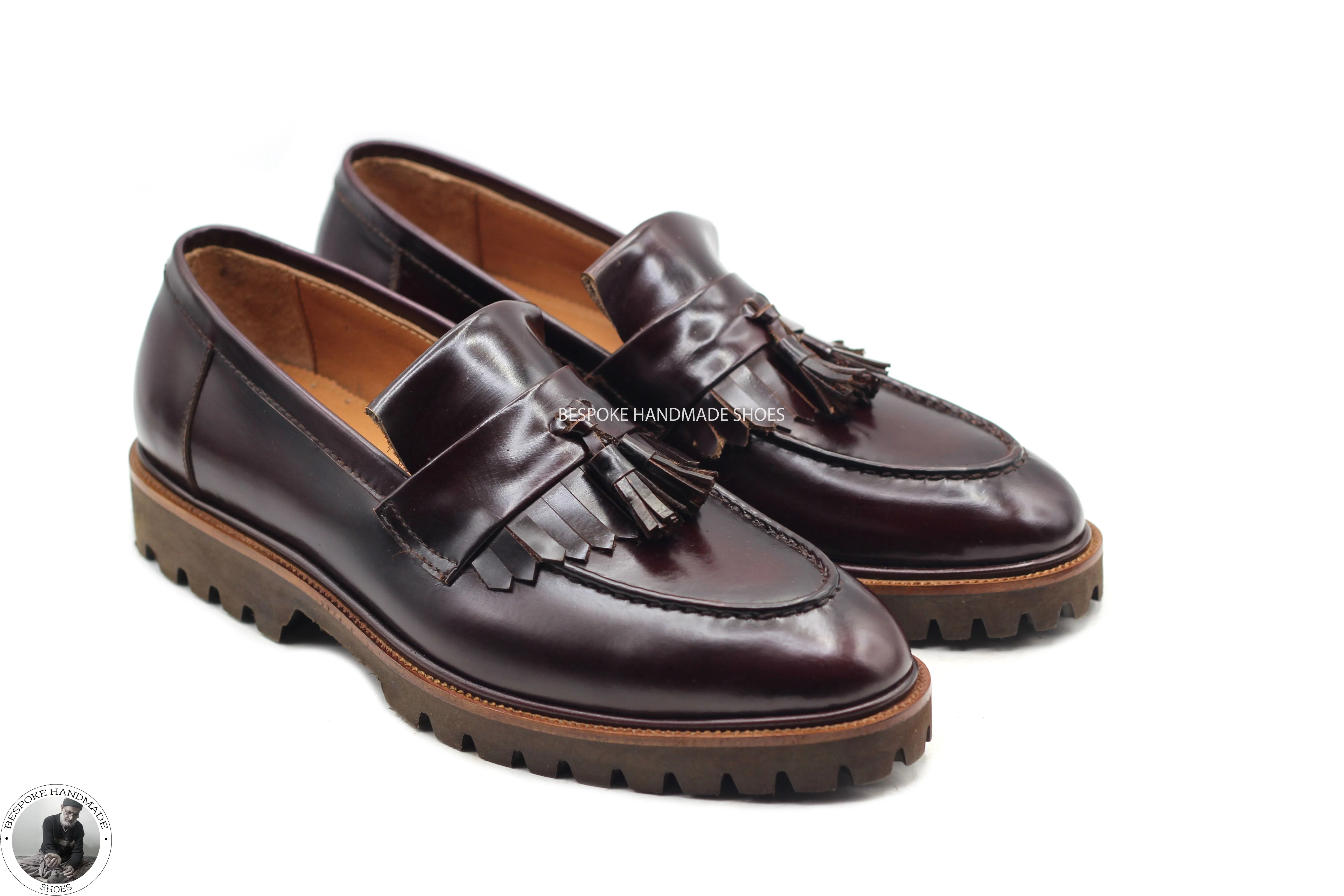 Handmade Dress Shoe, Brown Leather Loafer Slip on Leather Tassels Fringes Men Shoes