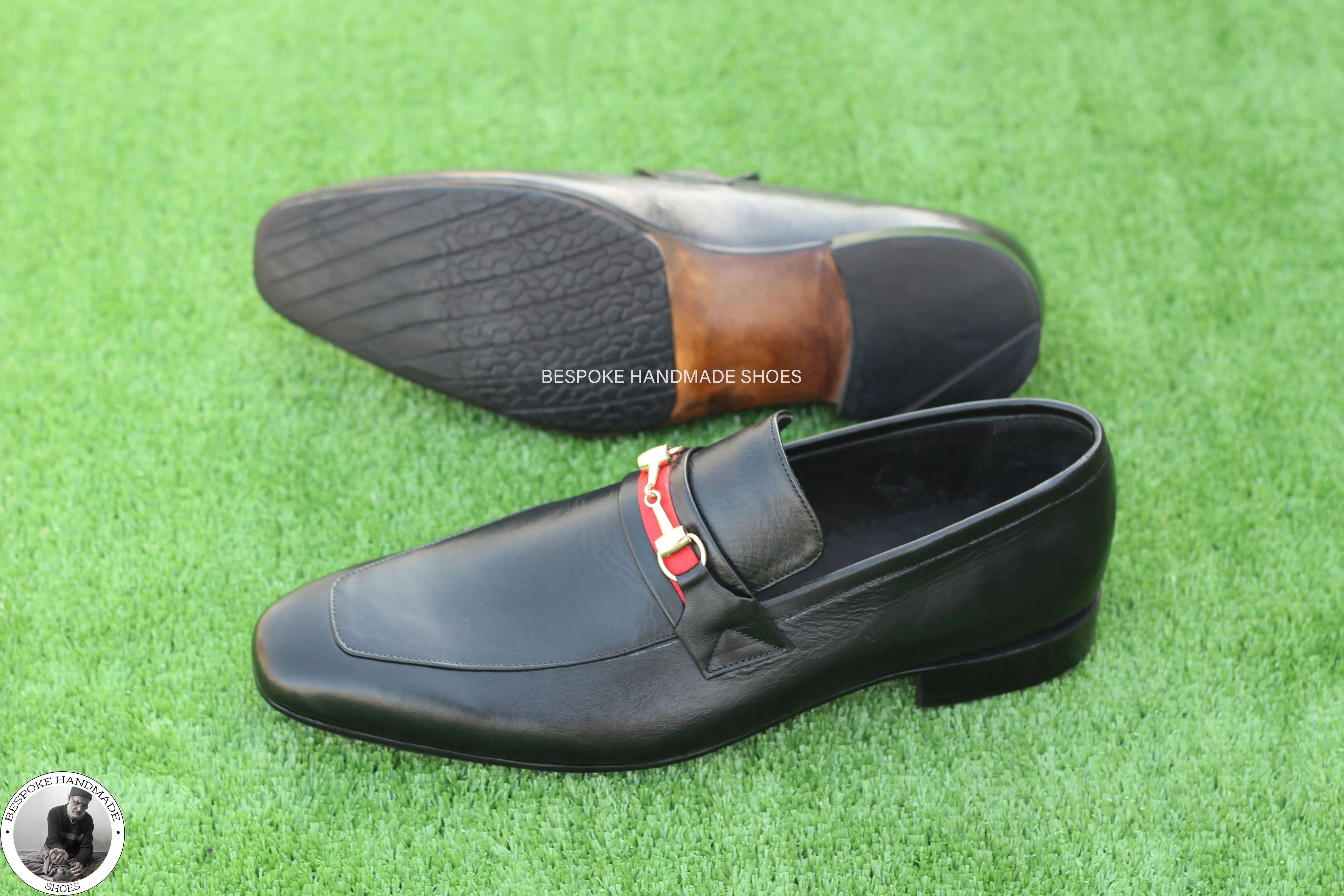 Handmade Goodyear Genuine Black Leather Slip On Moccasin Buckle Dress Shoes