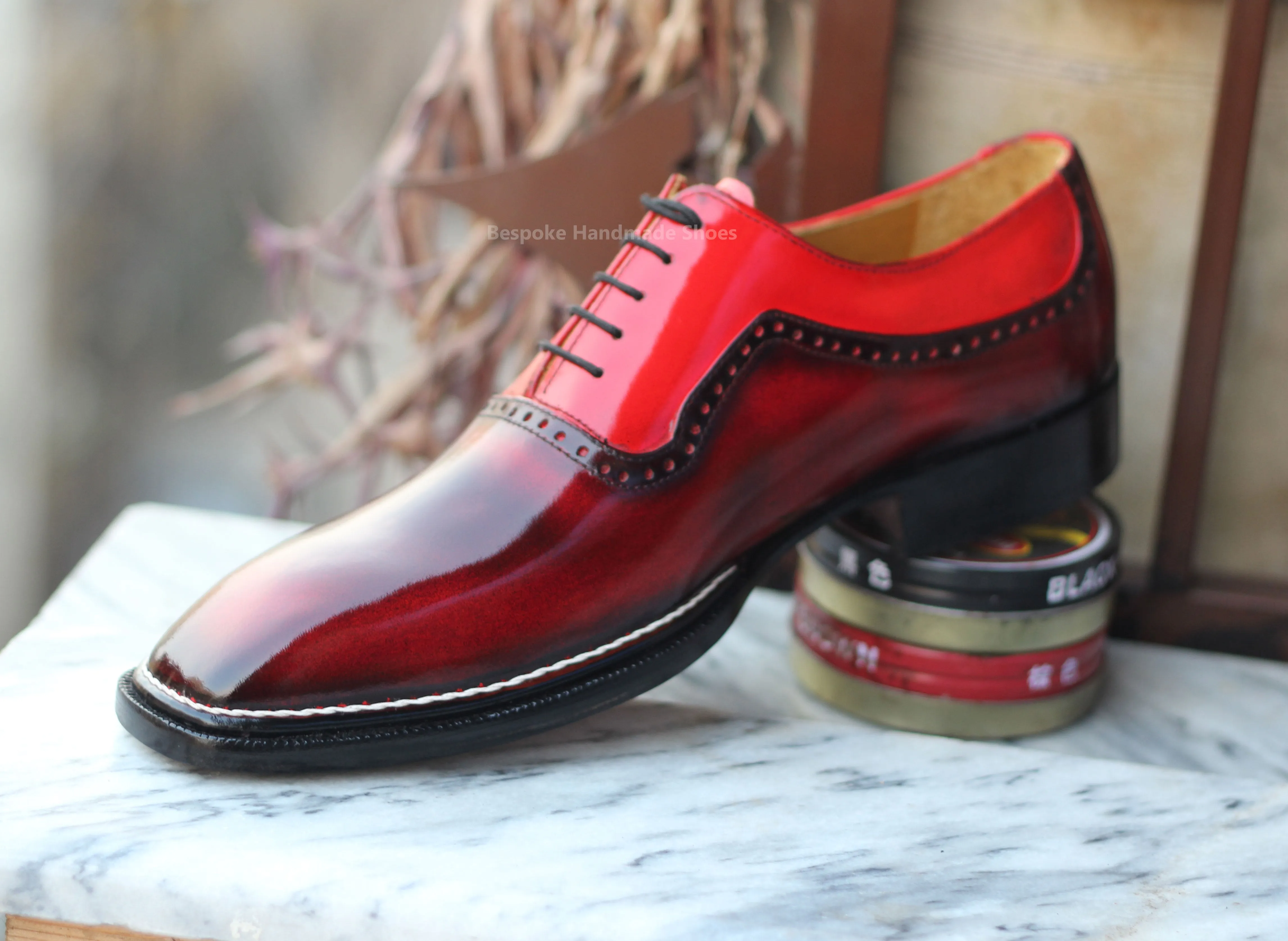 Handmade Men's Red Color Leather Oxford Lace Up Whole-Cut Top Fashion Shoes