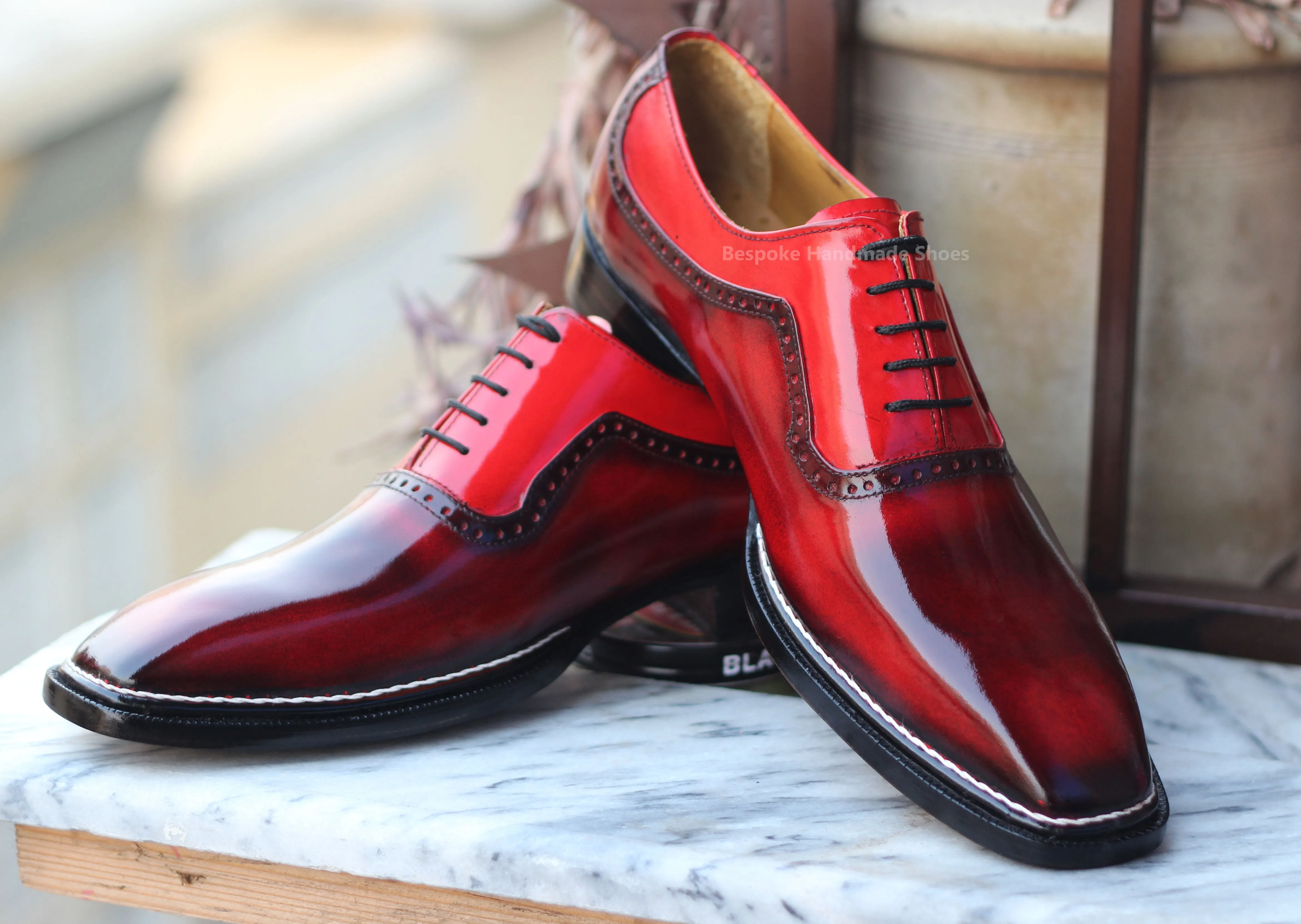 Handmade Men's Red Color Leather Oxford Lace Up Whole-Cut Top Fashion Shoes