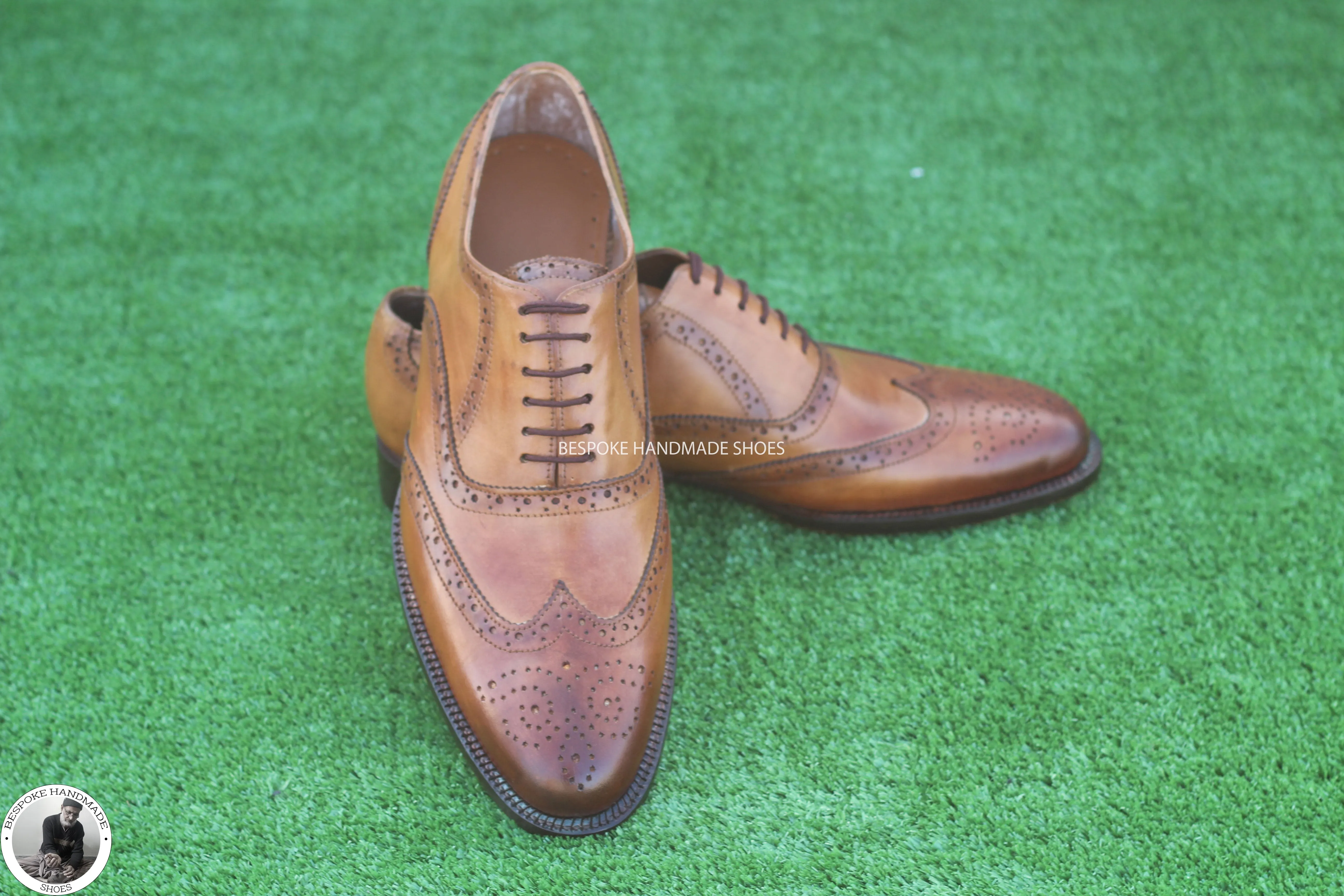 Handmade Men's Tan Color Leather Wingtip Brogue Oxford Lace up Dress Shoes Men's