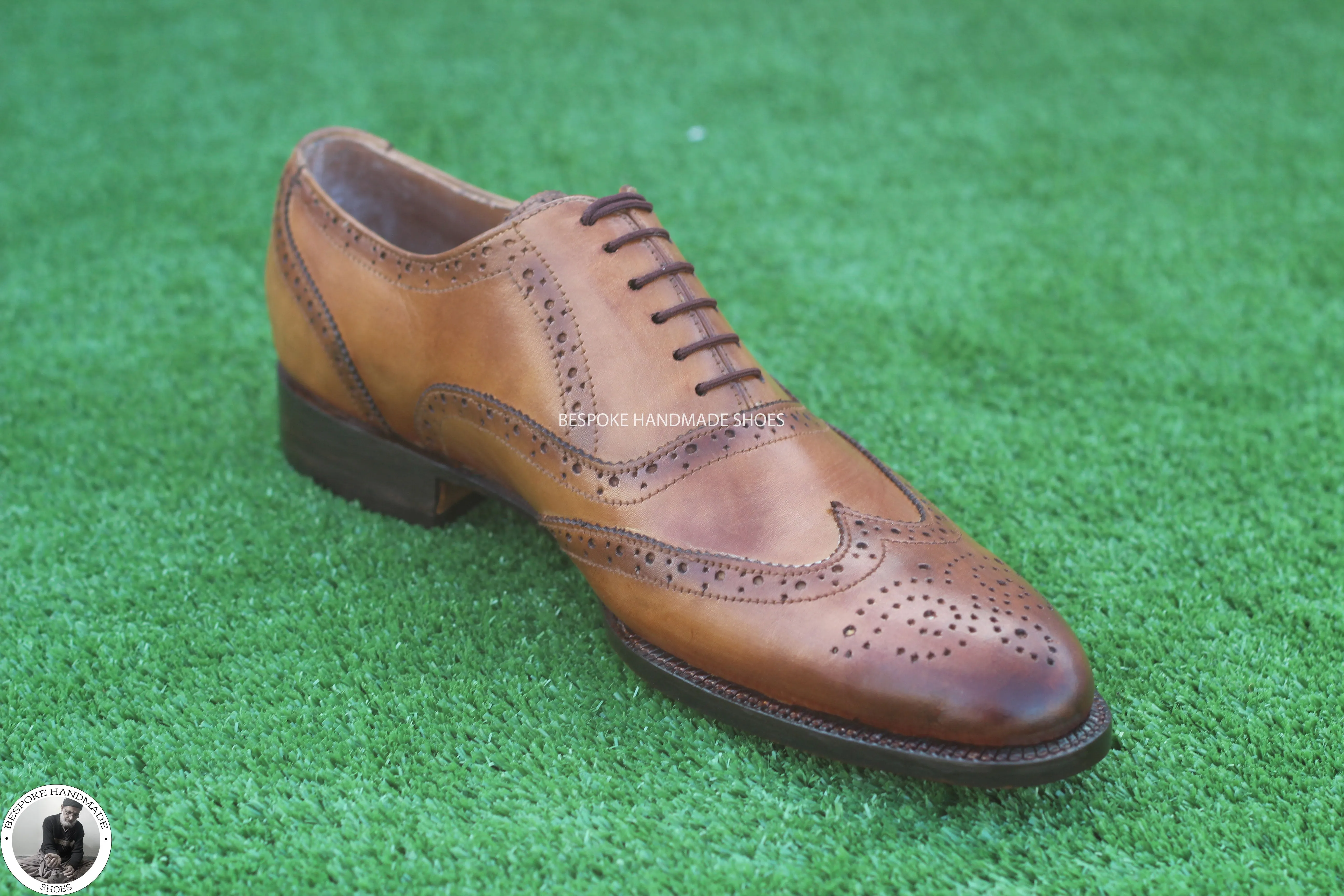 Handmade Men's Tan Color Leather Wingtip Brogue Oxford Lace up Dress Shoes Men's