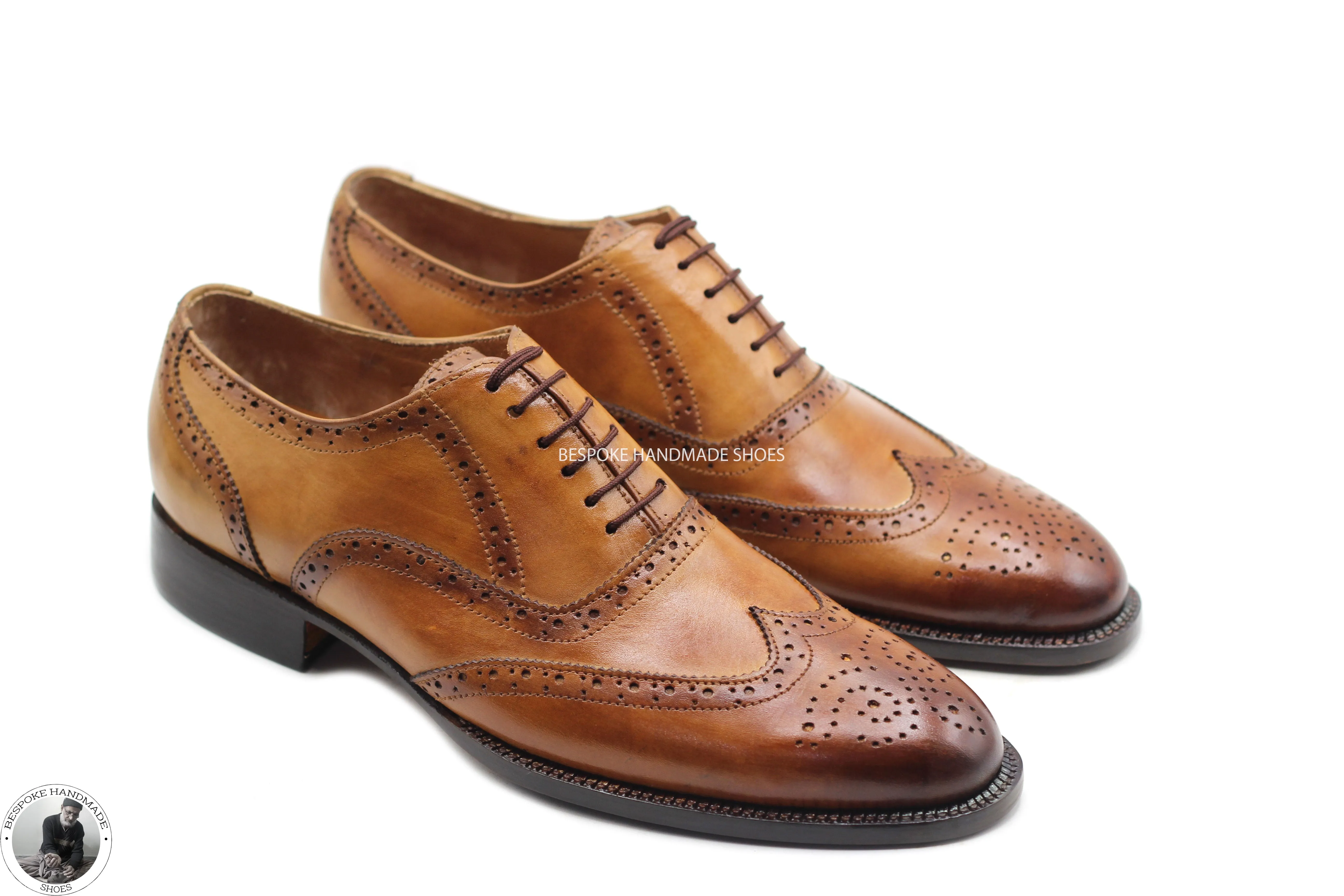 Handmade Men's Tan Color Leather Wingtip Brogue Oxford Lace up Dress Shoes Men's