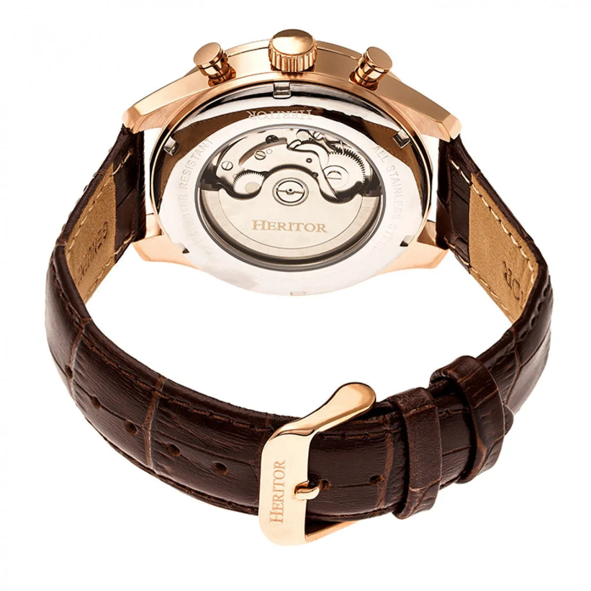 Heritor Automatic Benedict Leather-Band Watch w/ Day/Date - Rose Gold/Silver