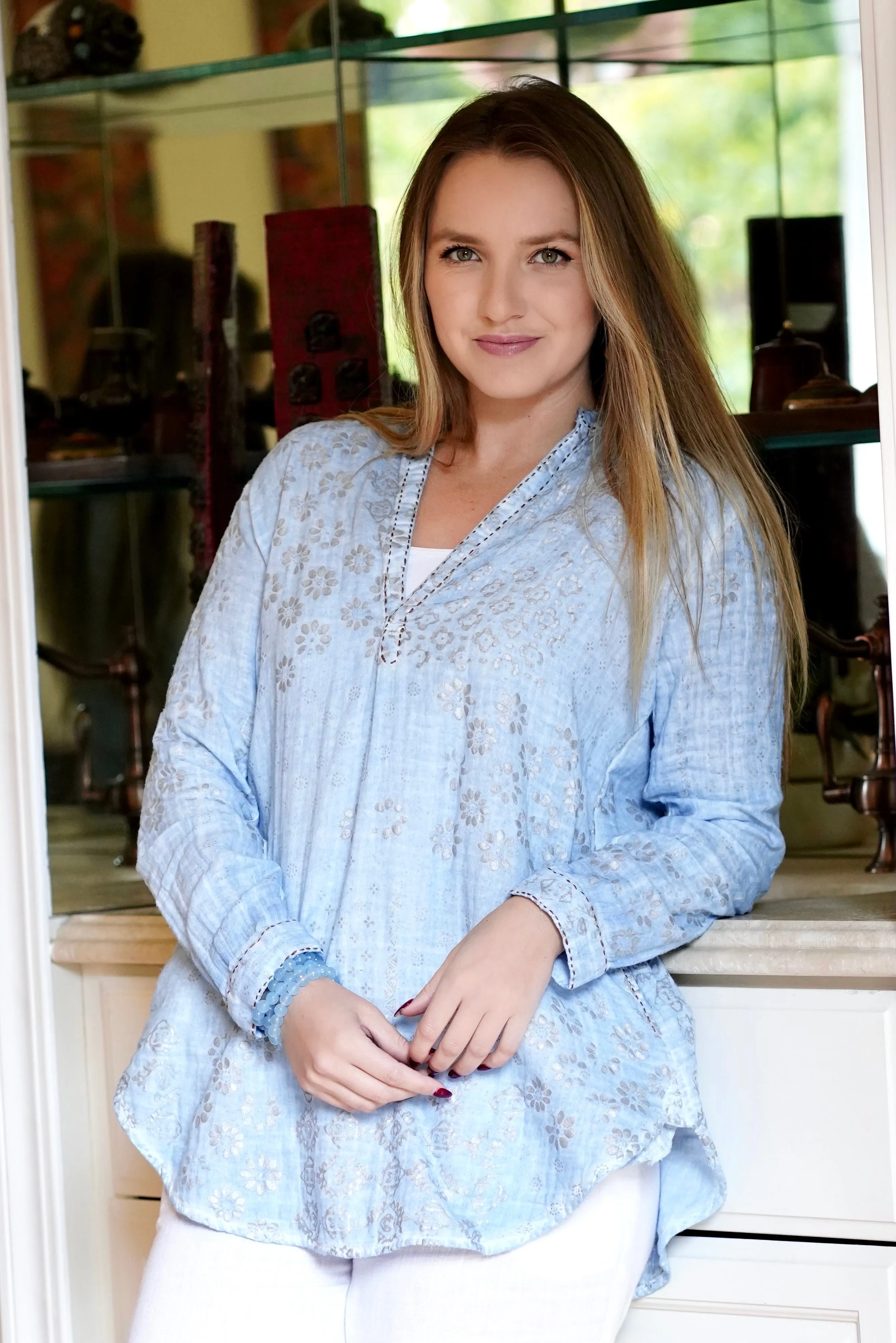 Jemima Double Gauze Block Printed Top Blue-Silver