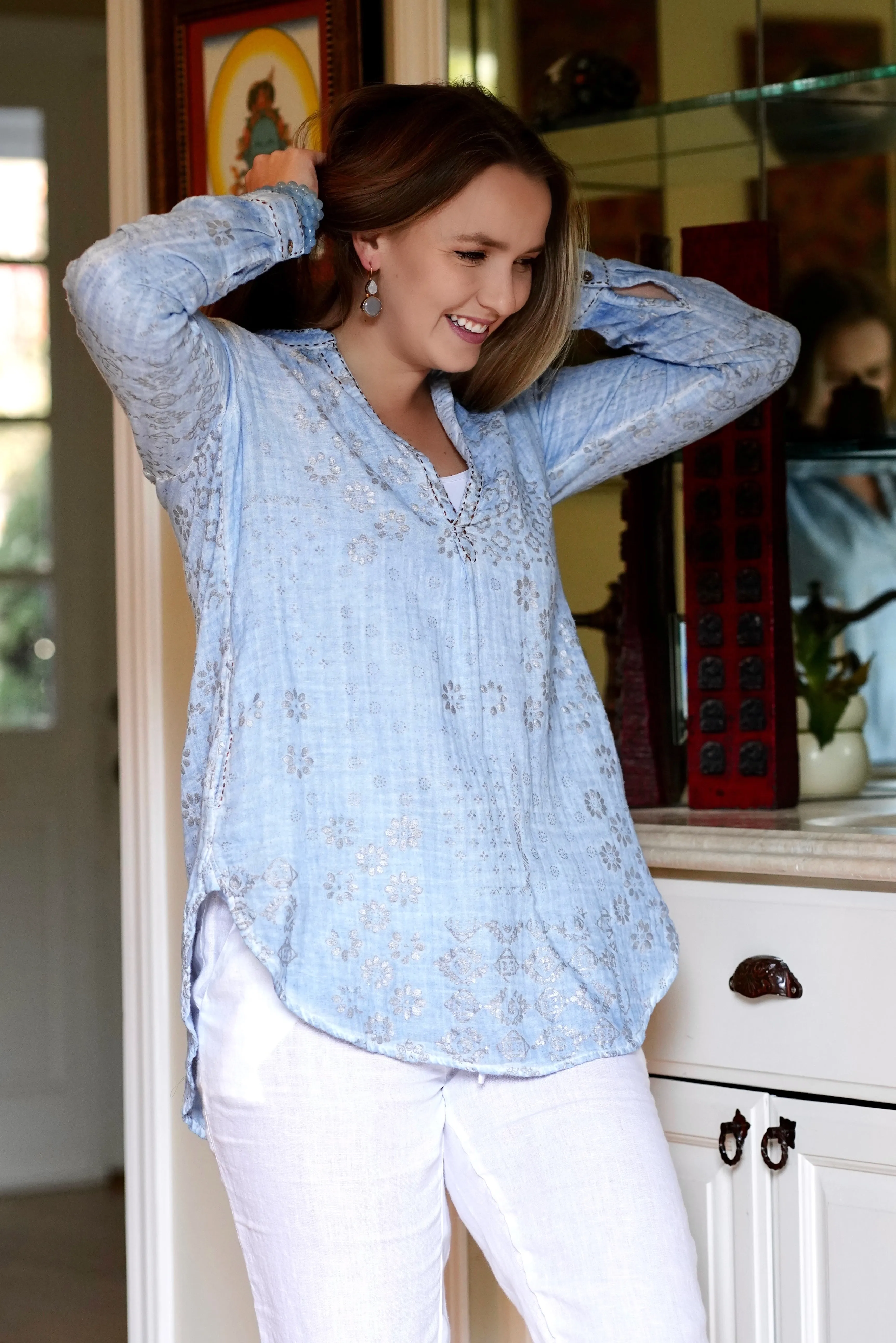 Jemima Double Gauze Block Printed Top Blue-Silver