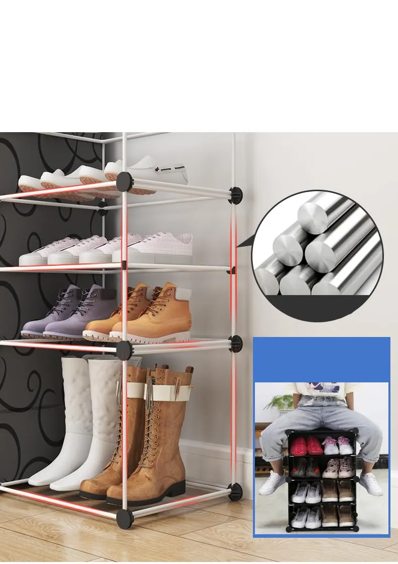 Kuber Industries Pack of 4 Shoes Cabinet | 6-Tier Foldable Shoe Rack Organizer for Closet | Plastic Shoe Shelf Collapsible Shoes Storage Box | Easy Assembly Shoe Cabinet with Lids | JL1C6TBK | Black