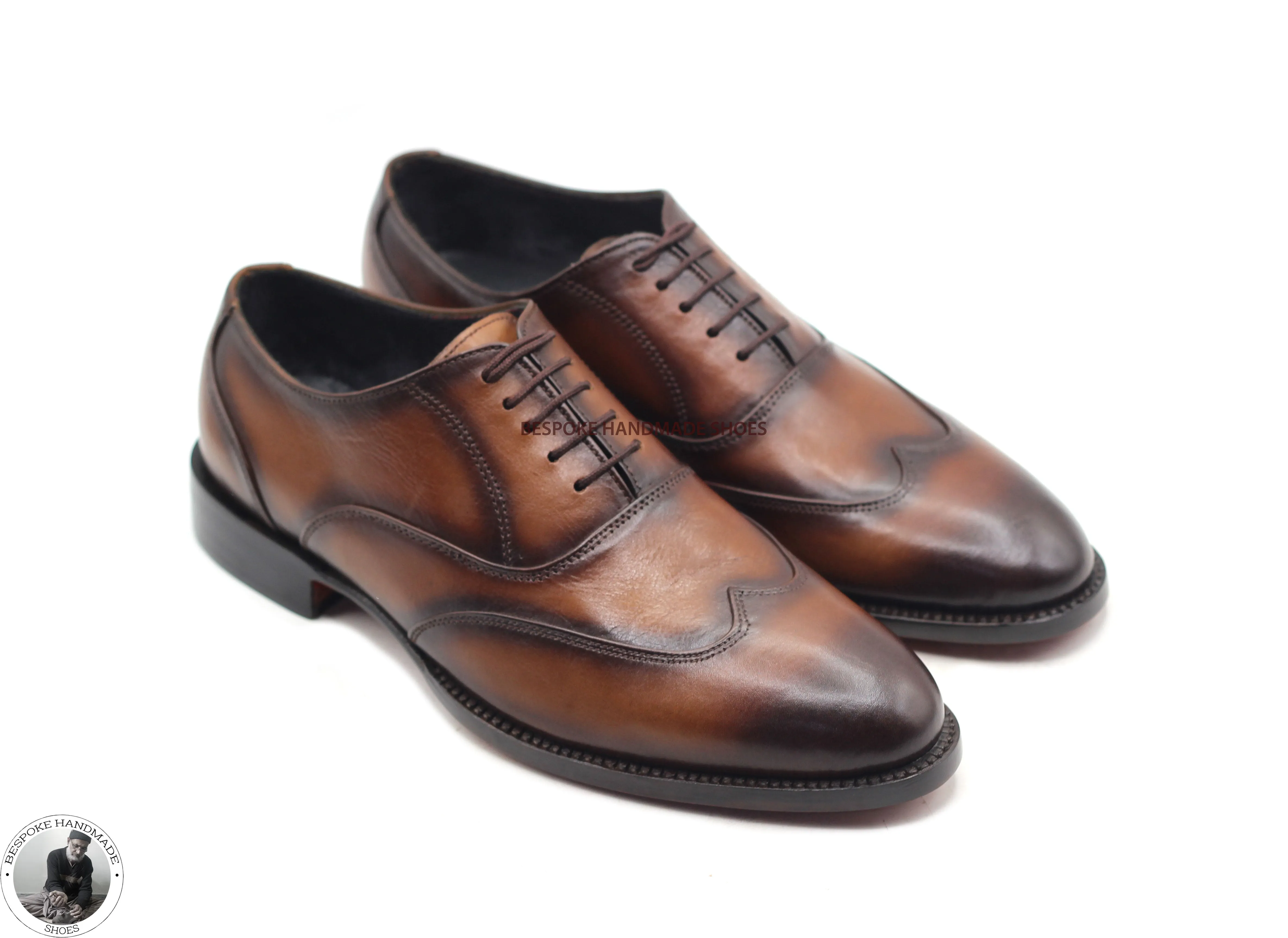 Made to Measure Handmade Brown Leather Black Shaded Oxford Wingtip Lace up Dress Shoes