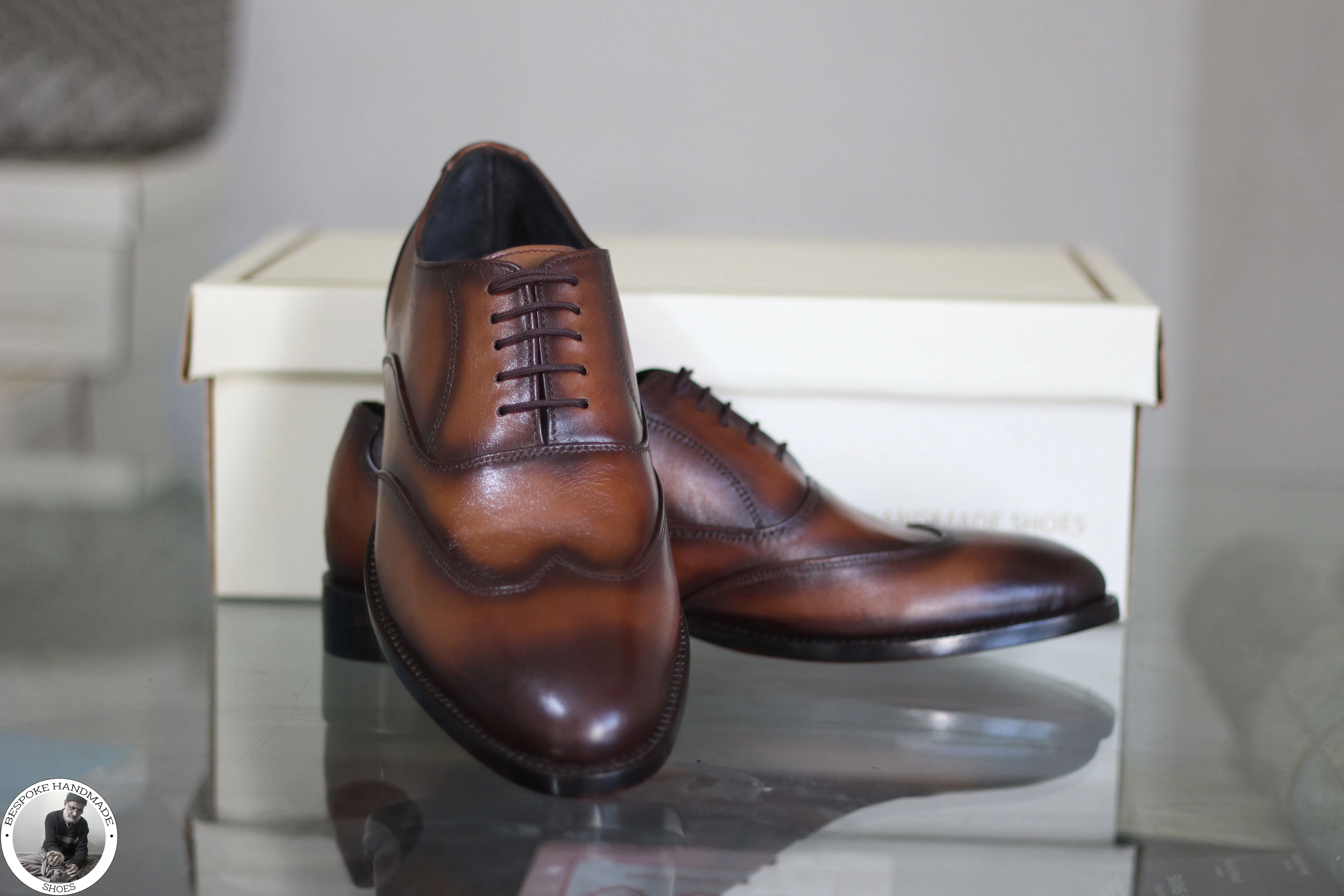 Made to Measure Handmade Brown Leather Black Shaded Oxford Wingtip Lace up Dress Shoes